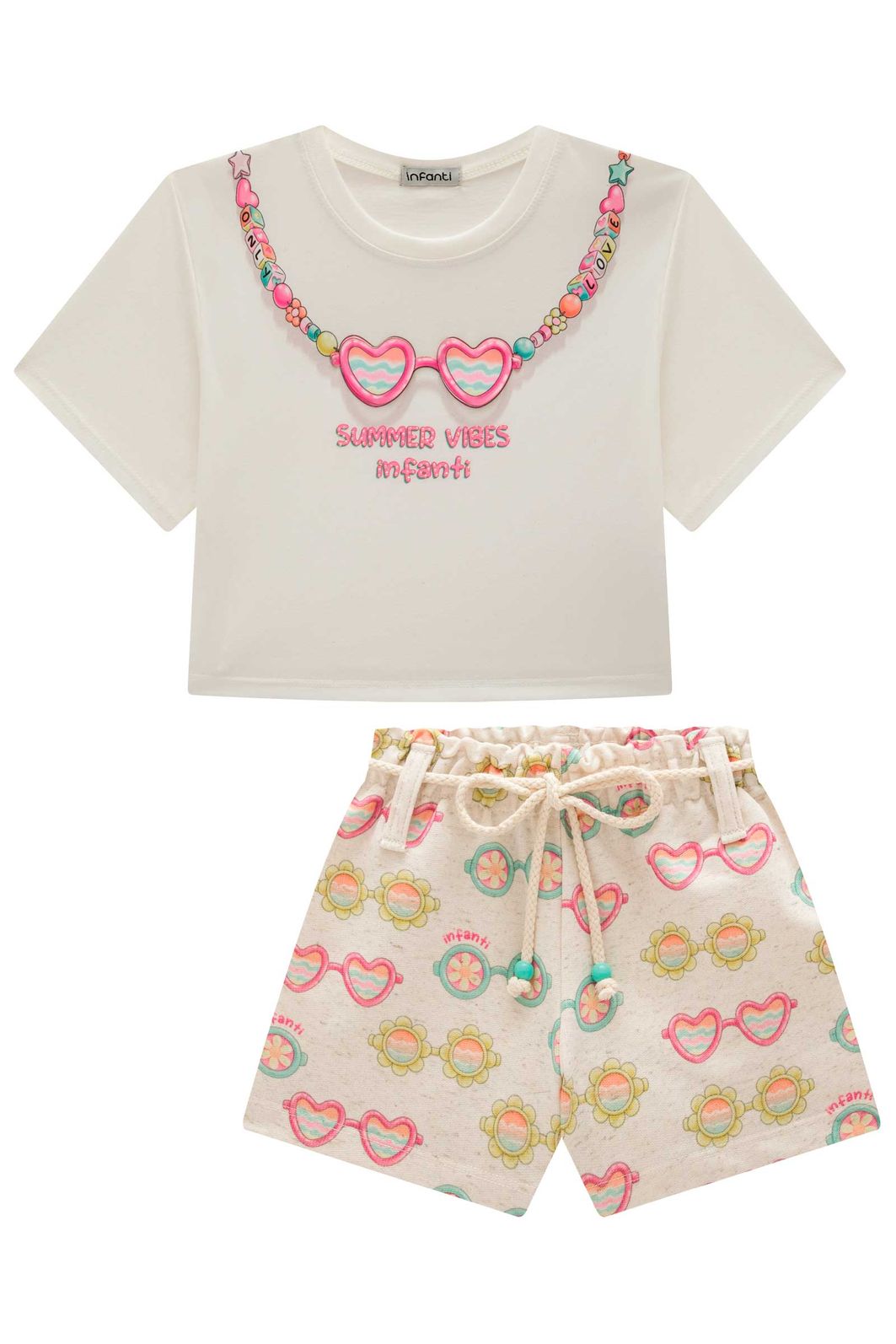 Conjunto de blusa em meia malha e shorts em moletom linho sem pelúcia 98527 Infanti Infantil Menina