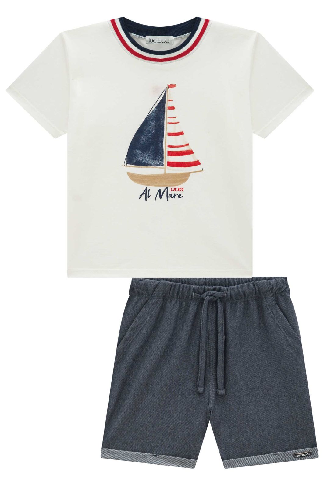 Conjunto de camiseta em meia malha e bermuda em cotton jeans com elastano 95450 LucBoo Infantil Menino Conjunto de camiseta em meia malha e bermuda em cotton jeans com elastano 95450 LucBoo Infantil Menino