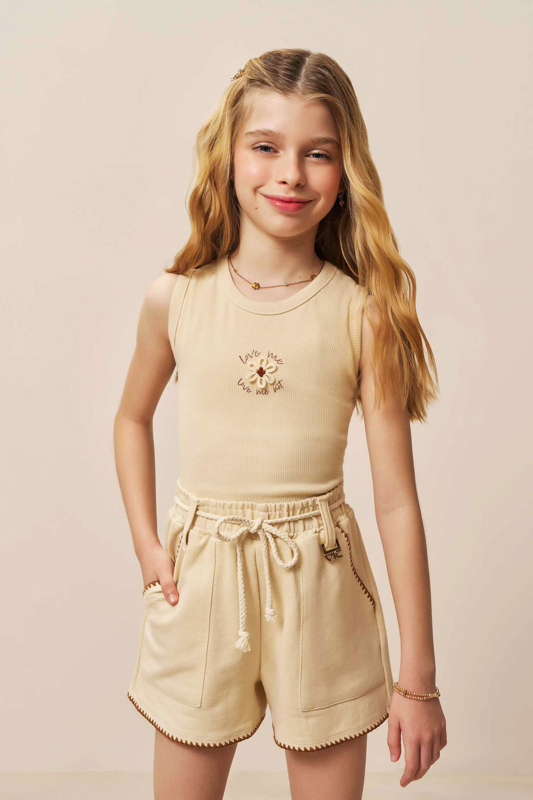 Conjunto de regata em canelado liz e shorts em moletom sem pelúcia 94420 Vic Teen Menina