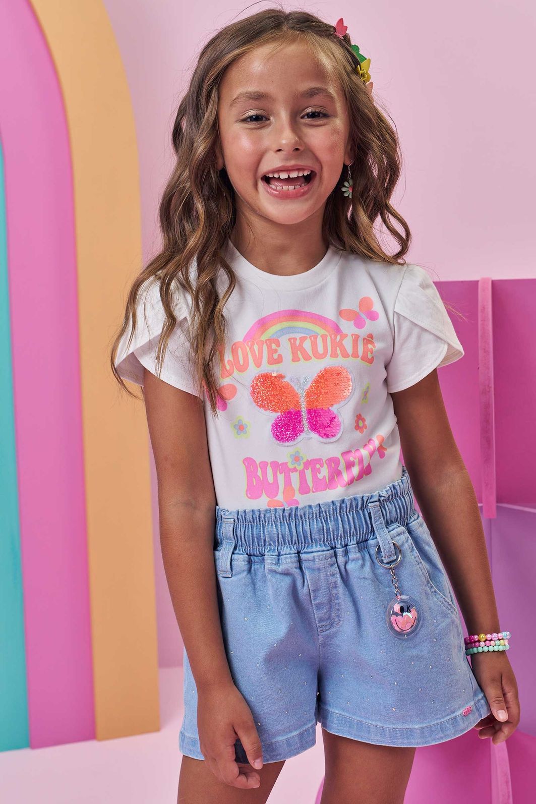 Shorts em jeans com elastano 98449 Kukiê Infantil Menina