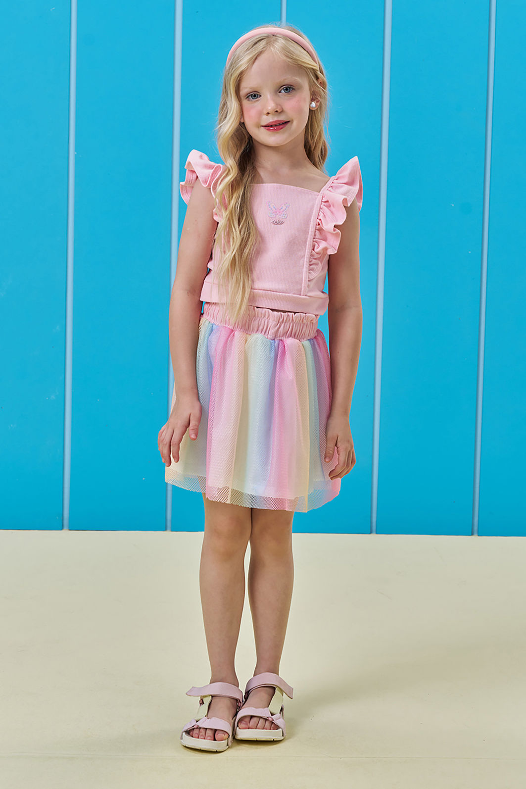 Conjunto de blusa  em canelado e saia em tela (com shorts embutido) 96597 Kukiê Infantil Menina