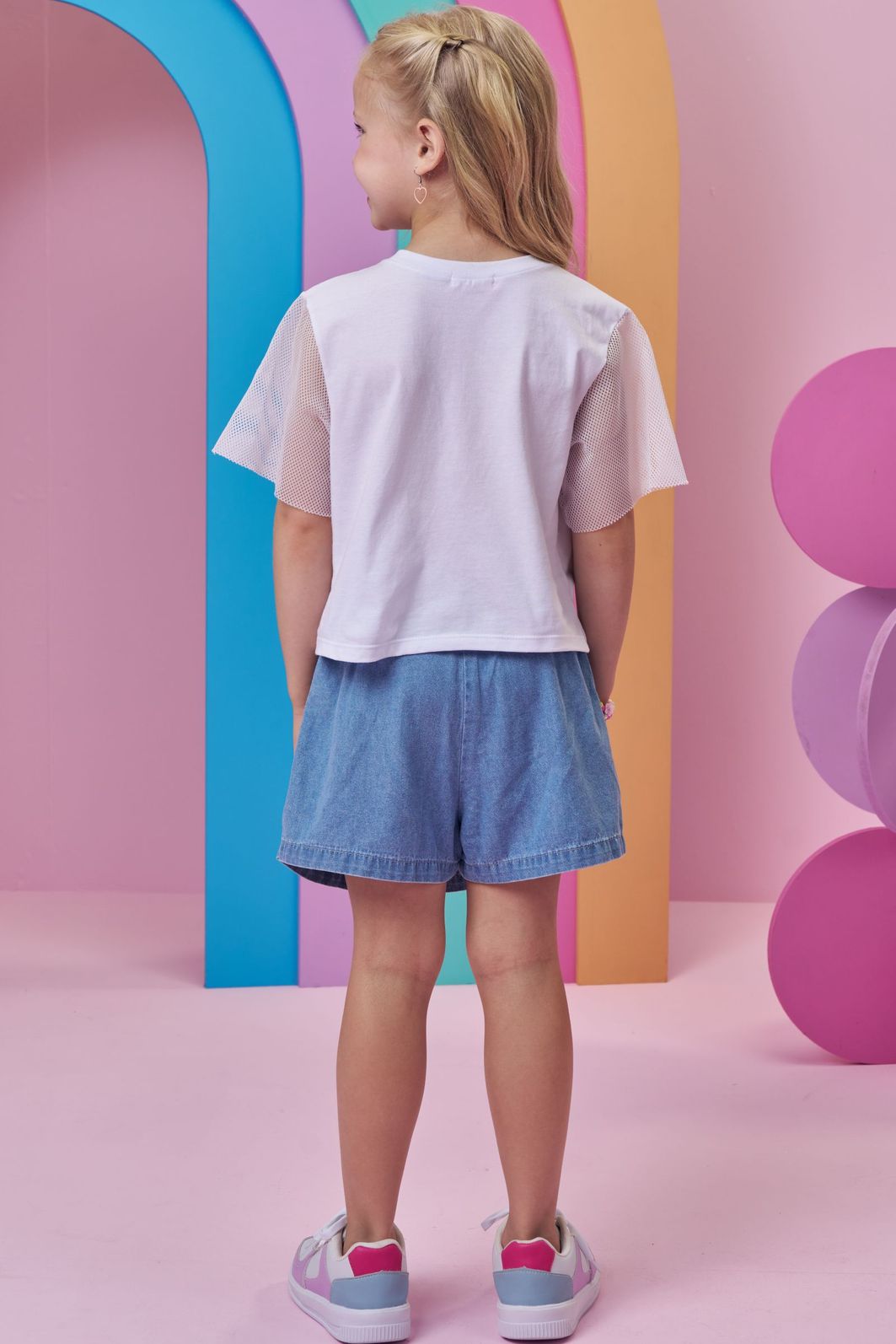 Conjunto de blusa em meia malha e short saia em jeans 98758 Kukiê Infantil Menina