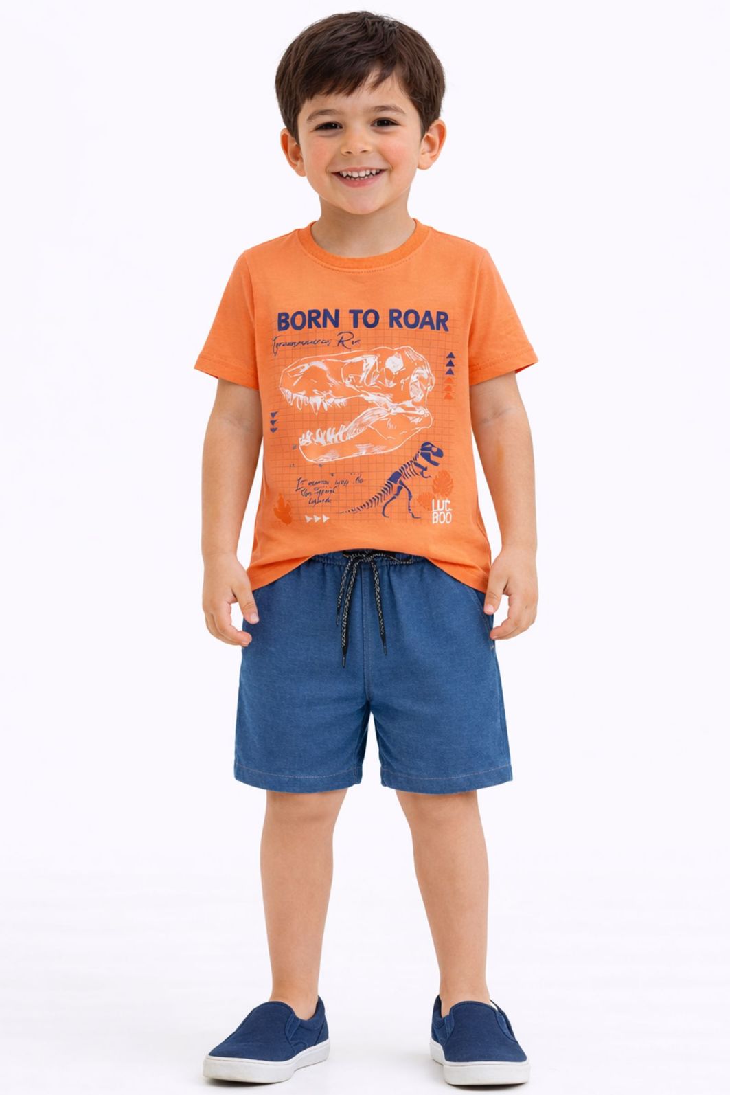 Conjunto de camiseta em meia malha e bermuda em malha denim com elastano 94857 LucBoo Infantil Menino Conjunto de camiseta em meia malha e bermuda em malha denim com elastano 94857 LucBoo Infantil Menino