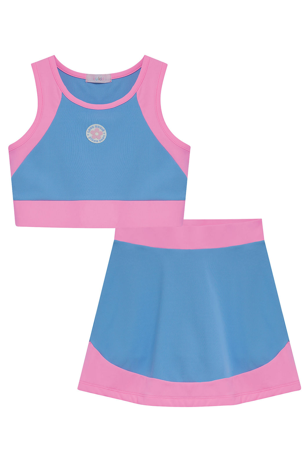 Conjunto de top cropped e saia esportiva em poliamida (com shorts embutido) 96979 Kukiê Infantil Menina