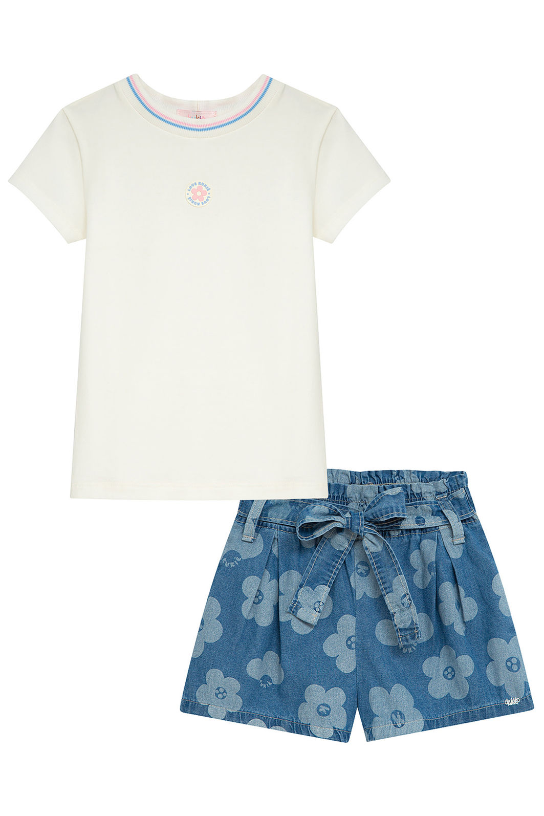 Conjunto de blusa em cotton e shorts em jeans 95347 Kukiê Infantil Menina