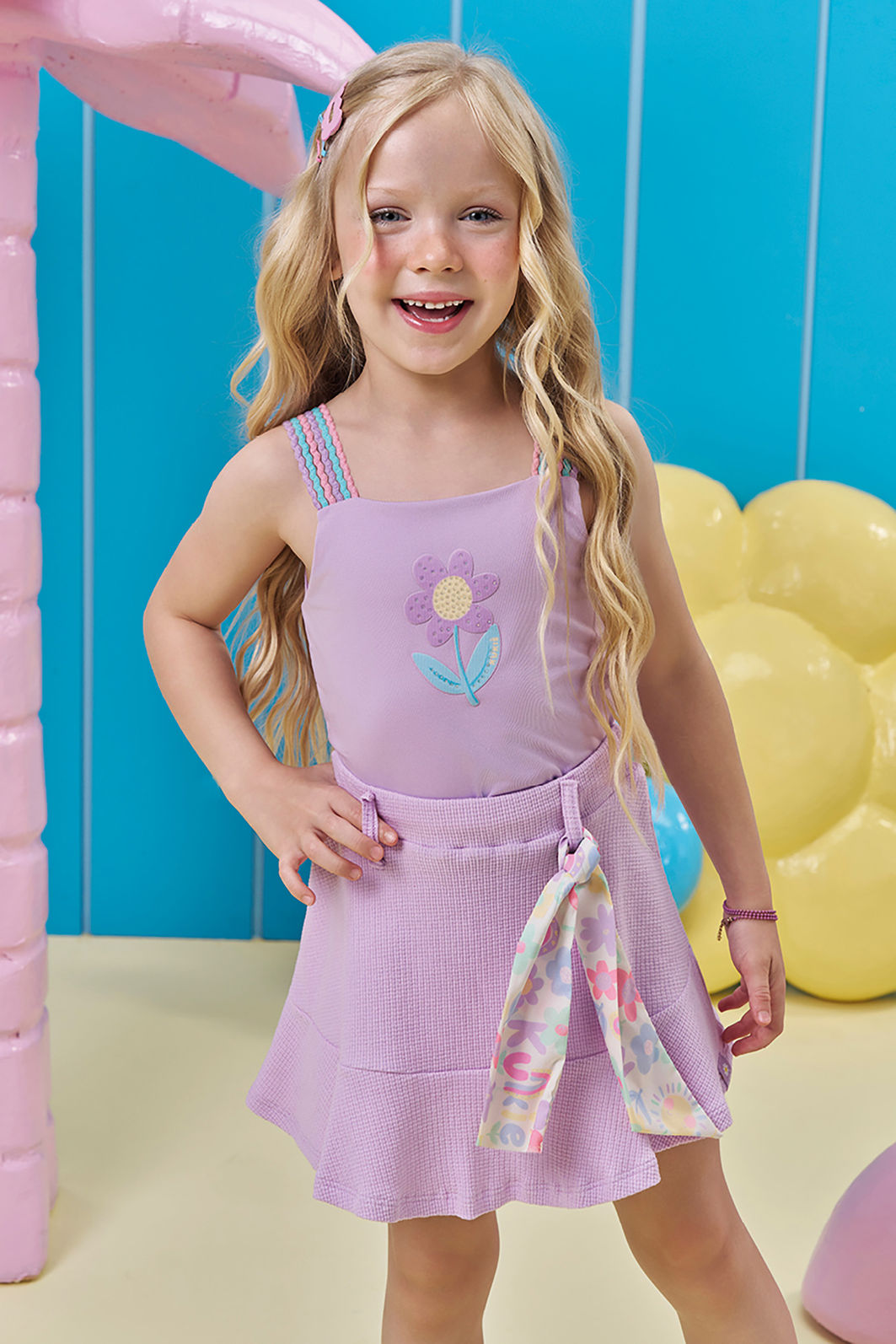 Conjunto de regata e saia em malha waffle (com shorts embutido) 97233 Kukiê Infantil Menina Conjunto de regata e saia em malha waffle (com shorts embutido) 97233 Kukiê Infantil Menina