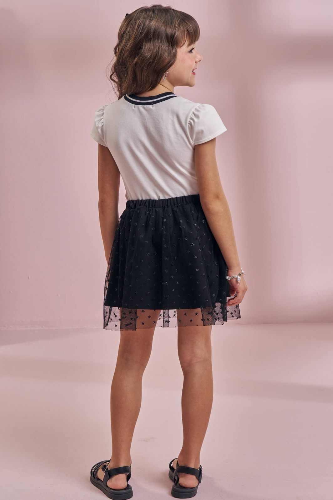 Conjunto de blusa em cotton e saia em tule glitter estrelas (com shorts embutido) 96789 Kukiê Infantil Menina Conjunto de blusa em cotton e saia em tule glitter estrelas (com shorts embutido) 96789 Kukiê Infantil Menina