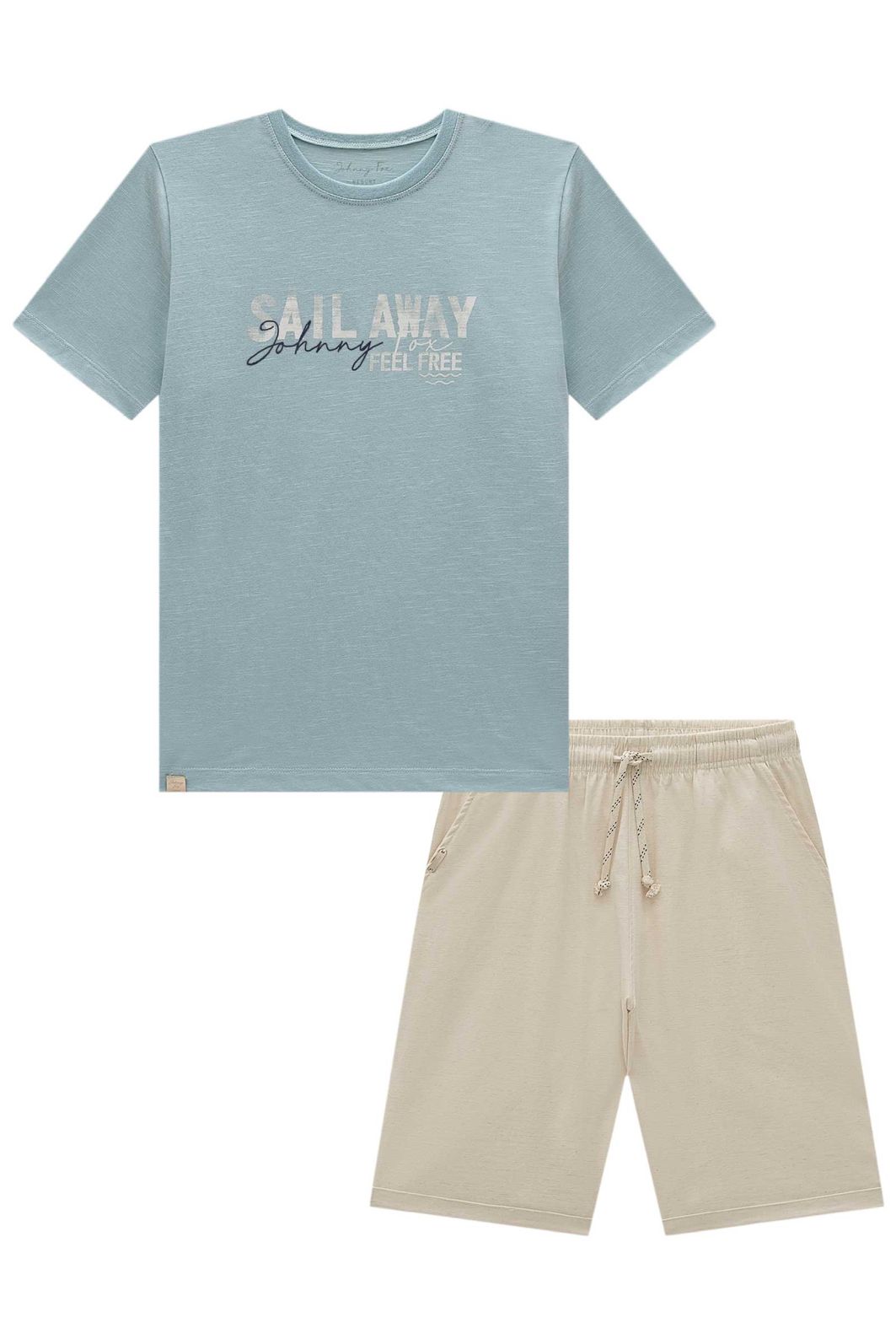 Conjunto de camiseta em malha mesclada e bermuda em linho santorine com elastano 95699 Johnny Fox Teen Menino Conjunto de camiseta em malha mesclada e bermuda em linho santorine com elastano 95699 Johnny Fox Teen Menino