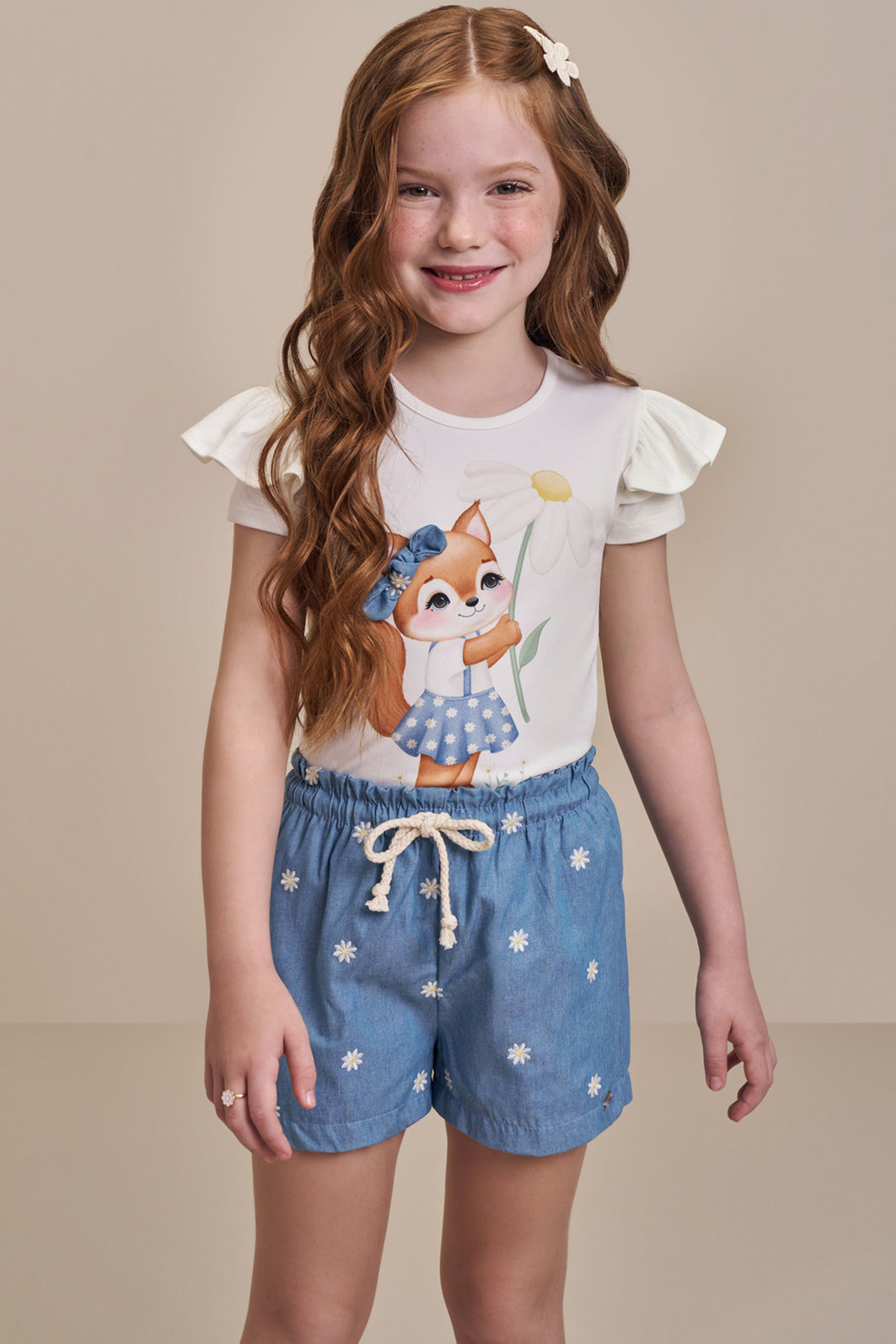 Conjunto de blusa em cotton com shorts em denim bordado 98111 Infanti Infantil Menina