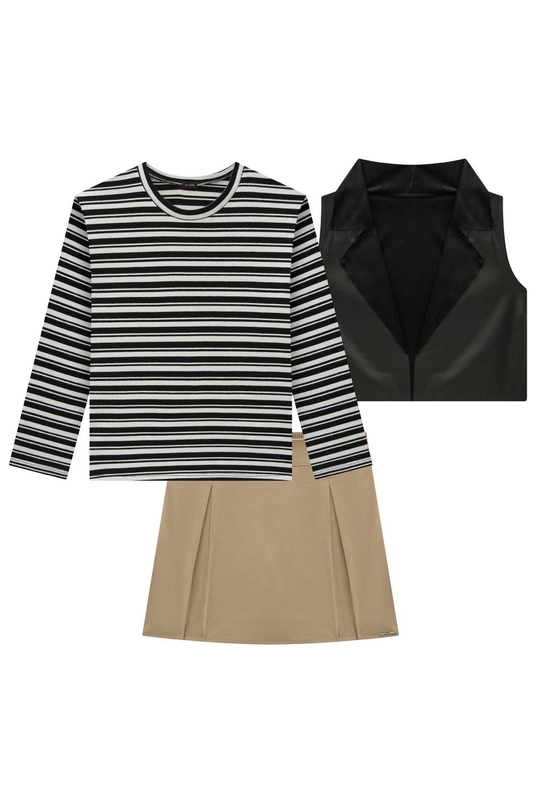 Trio de blusa em canelado liz, colete cropped em couro dublado e short saia em sarja 90908 Vic Teen Menina Trio de blusa em canelado liz, colete cropped em couro dublado e short saia em sarja 90908 Vic Teen Menina