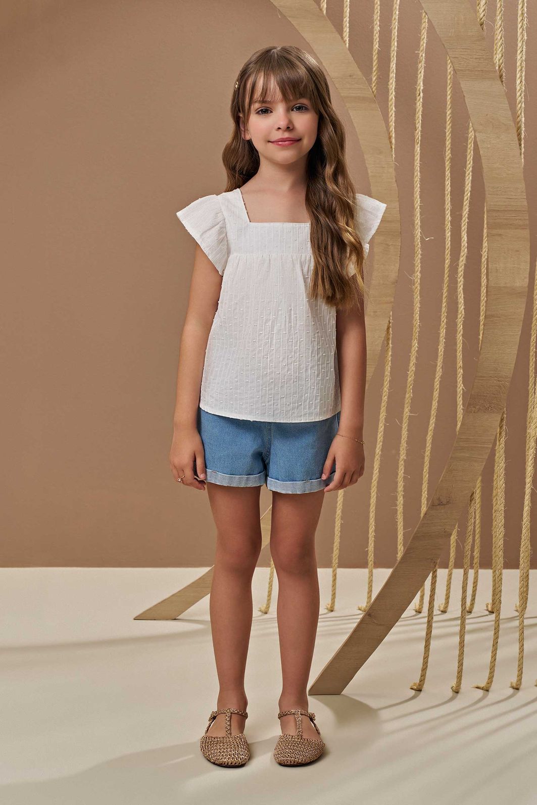 Conjunto de bata em tricoline maquinetado e shorts em jeans 96893 Infanti Infantil Menina