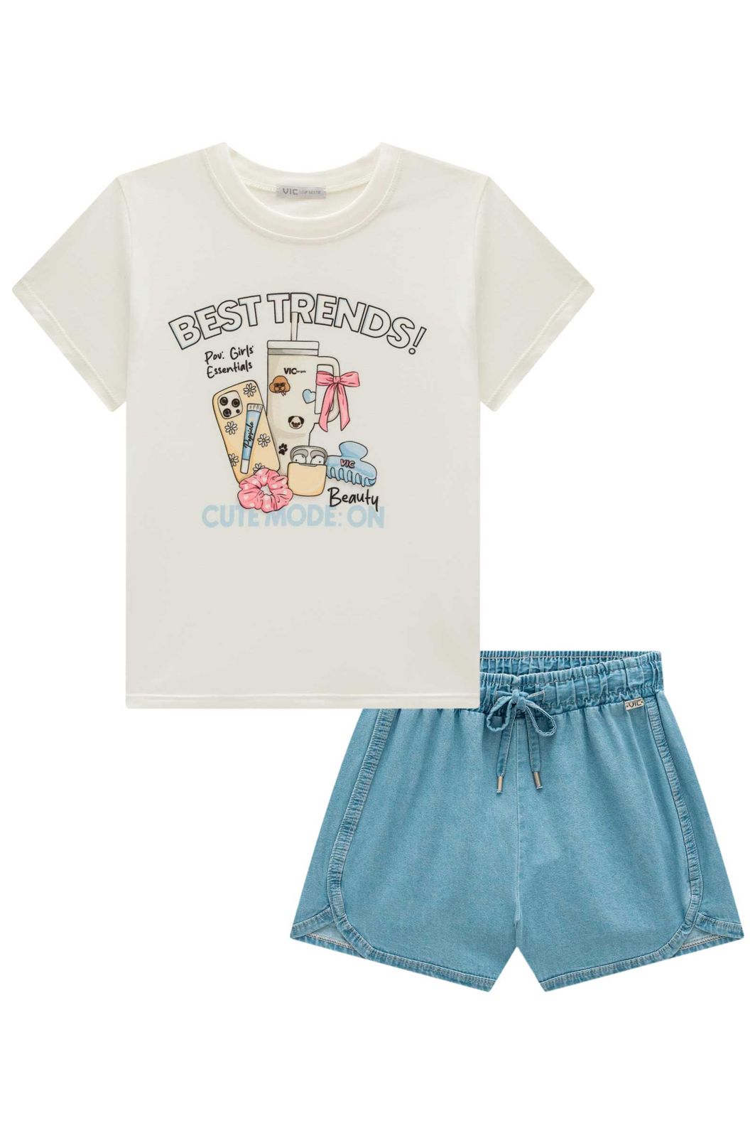 Conjunto de blusa em meia malha e shorts em jeans 99227 Vic Teen Menina Conjunto de blusa em meia malha e shorts em jeans 99227 Vic Teen Menina