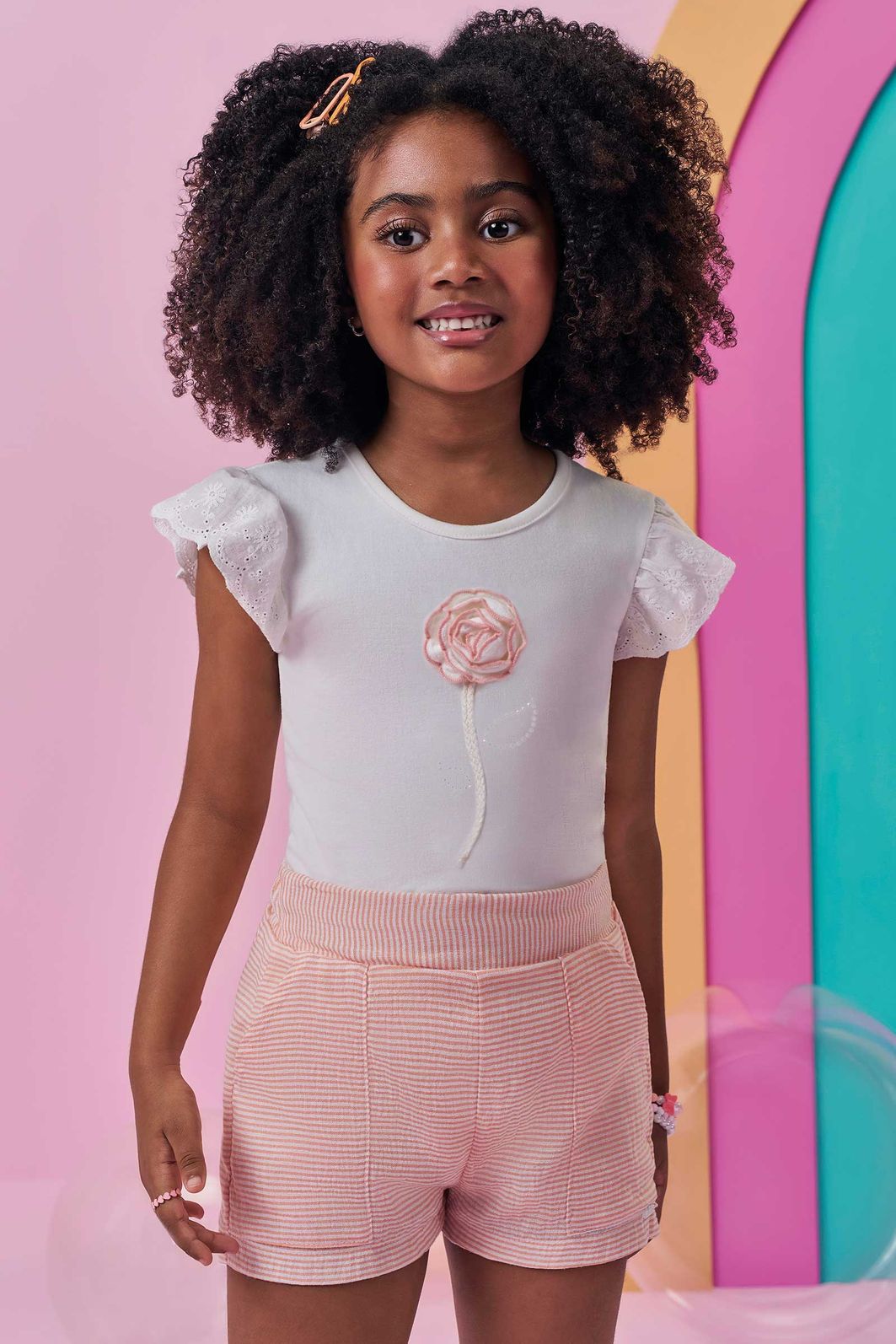 Conjunto de blusa em cotton e shorts em tricoline listrado 99647 Kukiê Infantil Menina