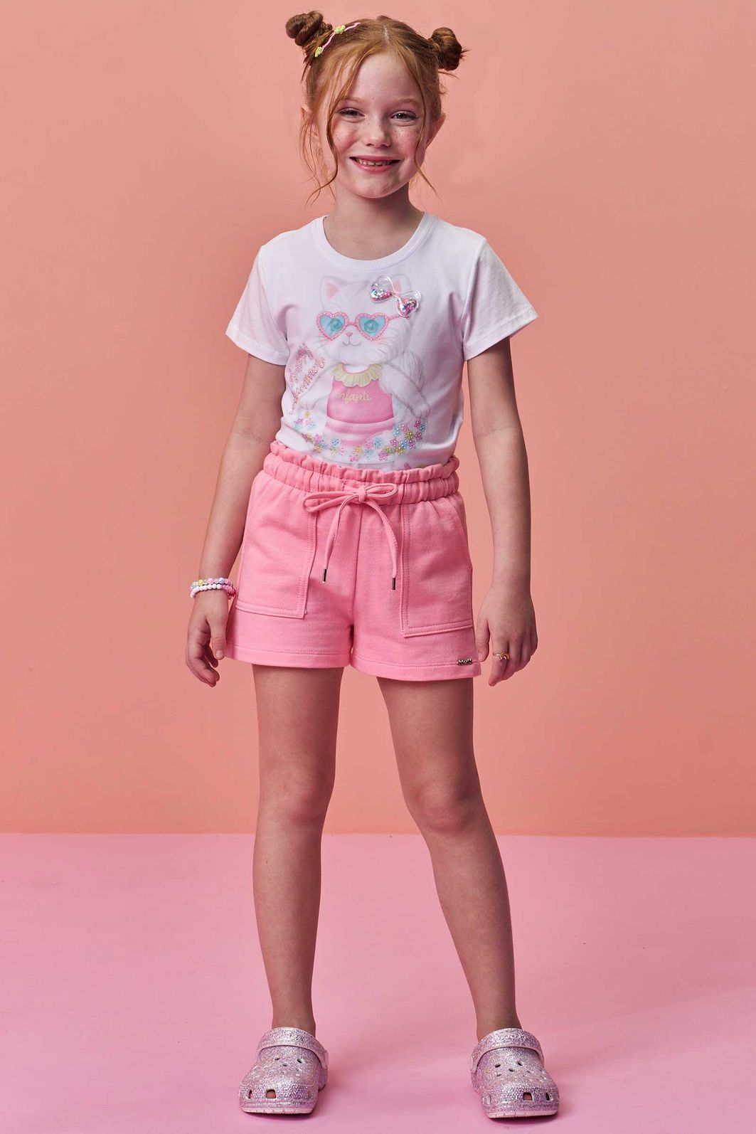 Conjunto de blusa em meia malha e shorts em moletom sem pelúcia 98355 Infanti Infantil Menina