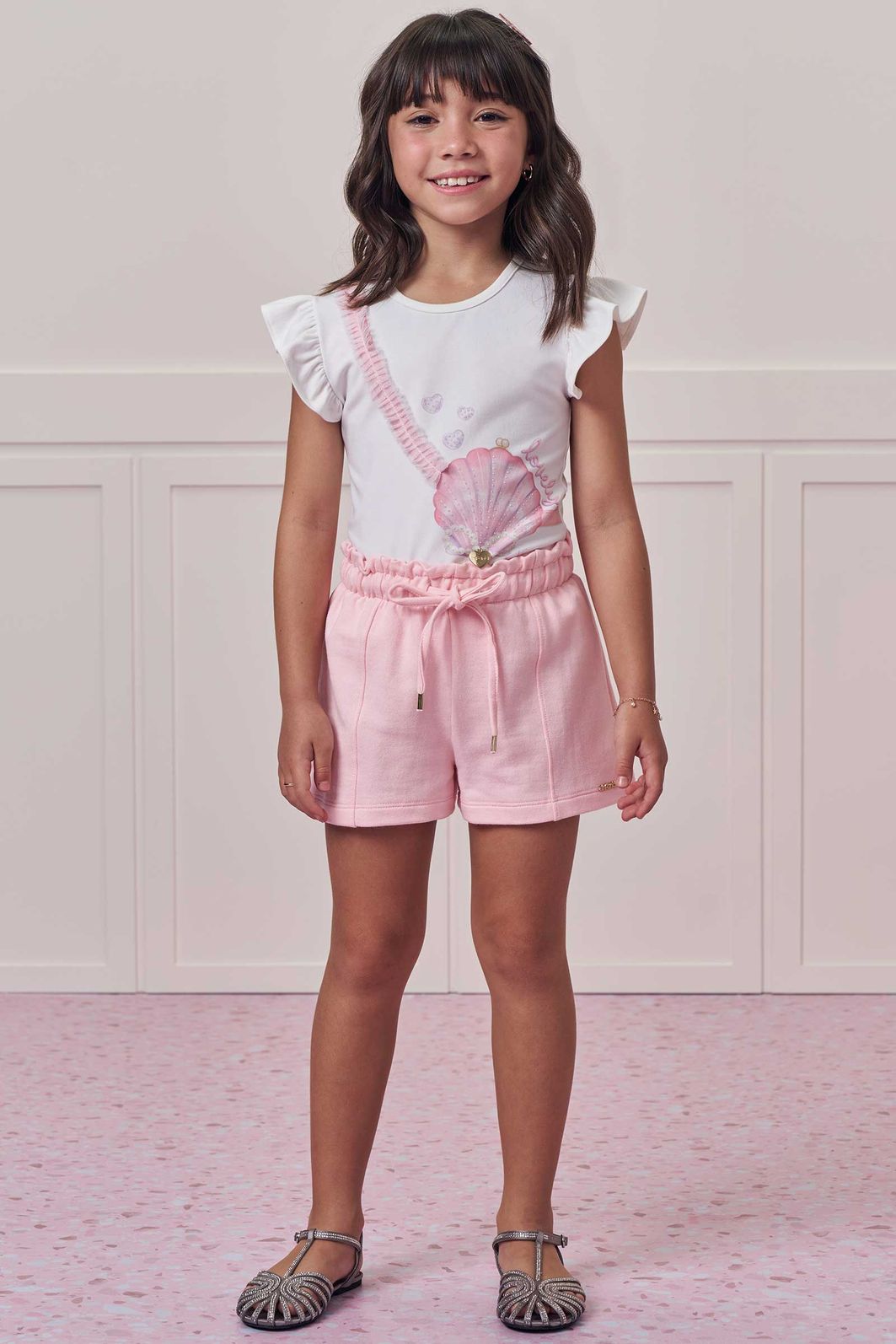 Conjunto de blusa em cotton com shorts em moletom sem pelúcia 99400 Infanti Infantil Menina Conjunto de blusa em cotton com shorts em moletom sem pelúcia 99400 Infanti Infantil Menina