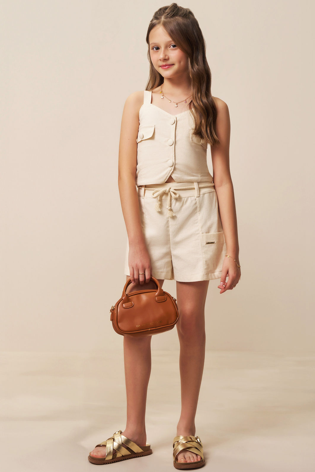 Conjunto de regata e shorts em linho com elastano 94417 Vic Teen Menina Conjunto de regata e shorts em linho com elastano 94417 Vic Teen Menina