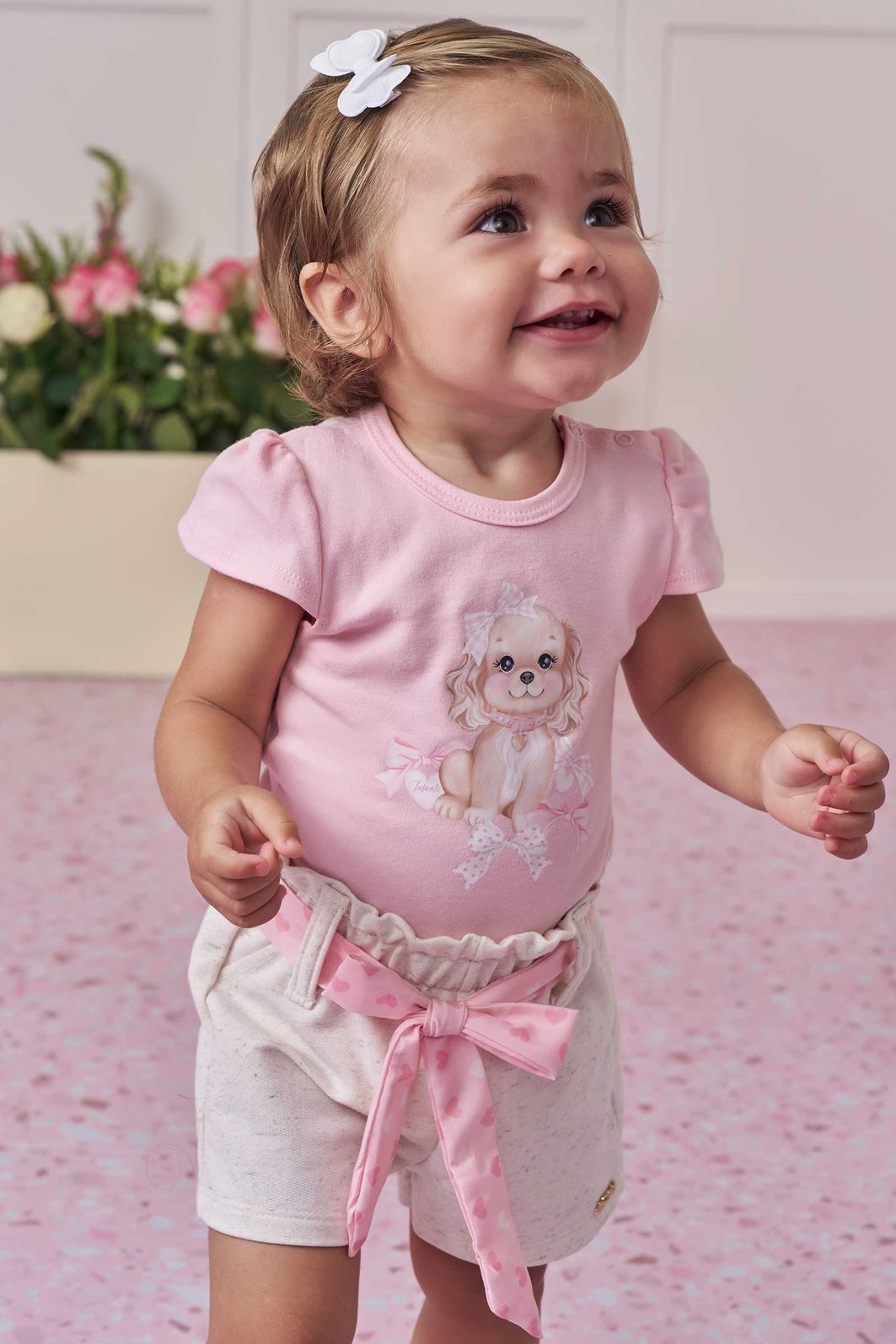 Conjunto de body em suedine com shorts em moletom sem pelúcia 99187 Infanti Bebê Menina Conjunto de body em suedine com shorts em moletom sem pelúcia 99187 Infanti Bebê Menina