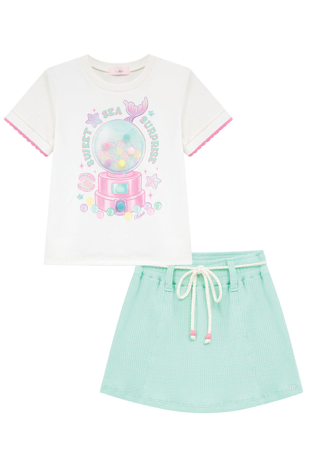 Conjunto de blusa em meia malha e short saia em malha waffle 96587 Kukiê Infantil Menina Conjunto de blusa em meia malha e short saia em malha waffle 96587 Kukiê Infantil Menina