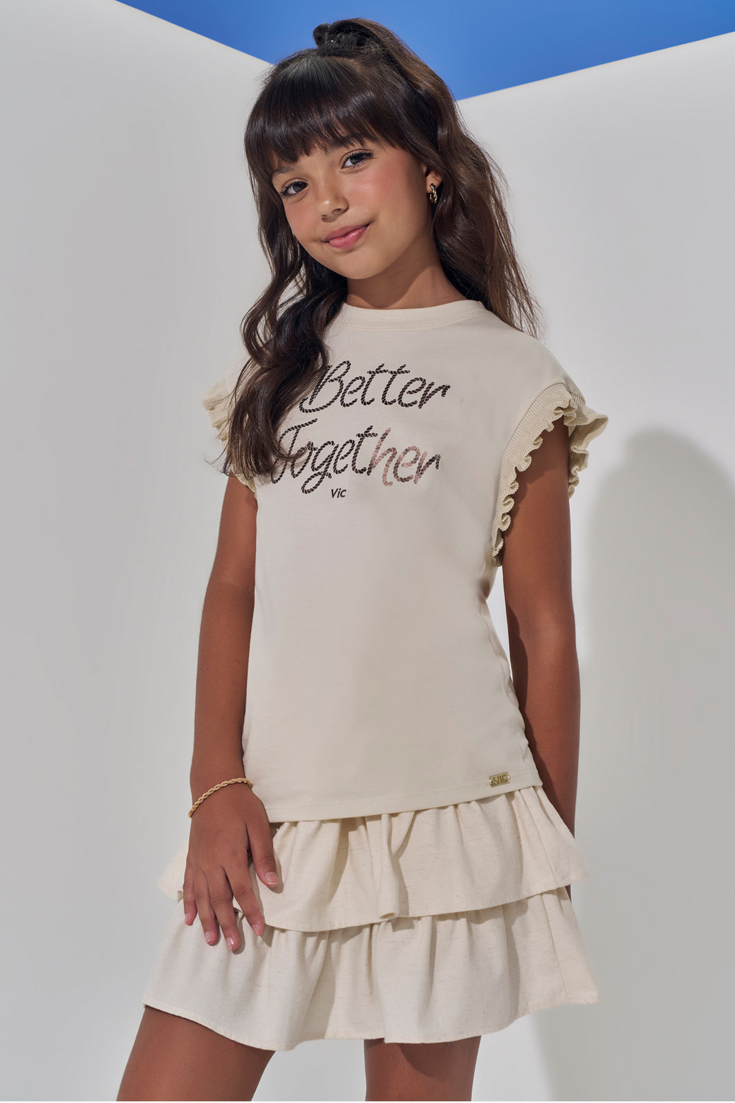 Saia ruffles em linho com elastano com shorts embutido 98200 Vic Teen Menina