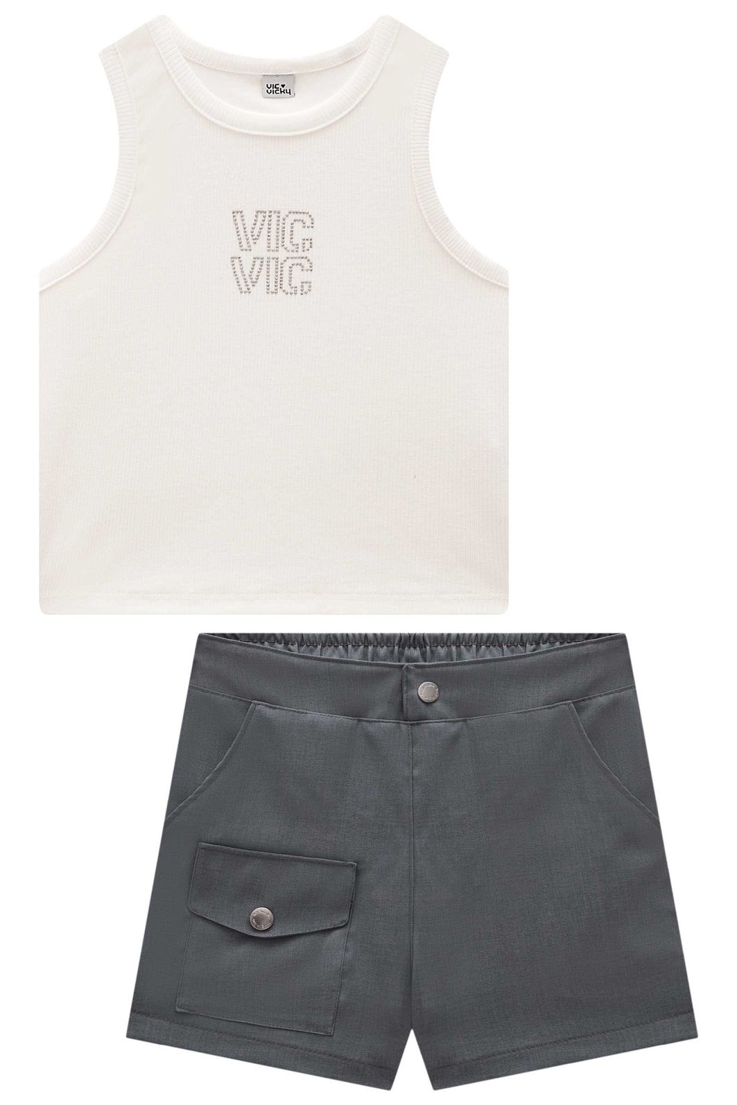 Conjunto de regata em canelado liz e shorts em alfaiataria premium melange 95951 Vic Teen Menina