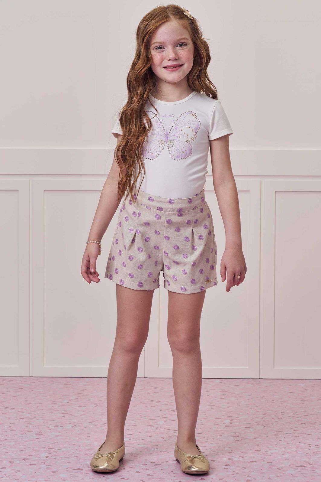 Conjunto de blusa em cotton com shorts em linho bordado poá 99394 Infanti Infantil Menina Conjunto de blusa em cotton com shorts em linho bordado poá 99394 Infanti Infantil Menina