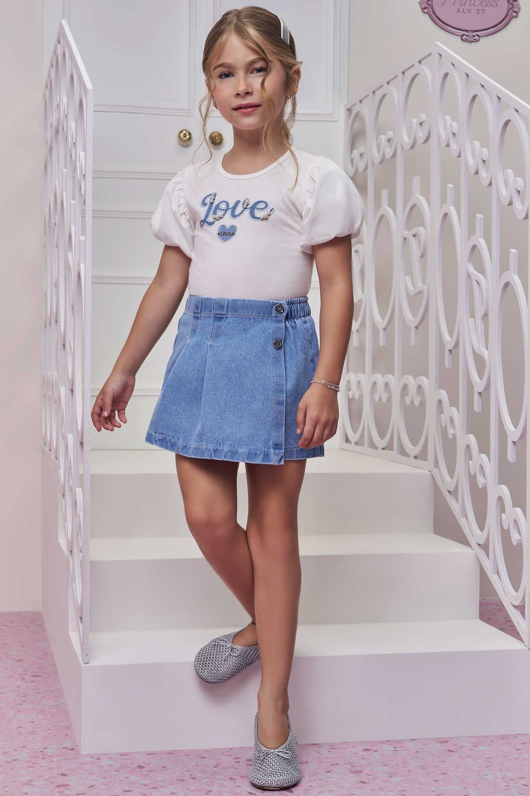 Blusa em cotton e tricoline e short saia em jeans 98795 Infanti Infantil Menina Blusa em cotton e tricoline e short saia em jeans 98795 Infanti Infantil Menina