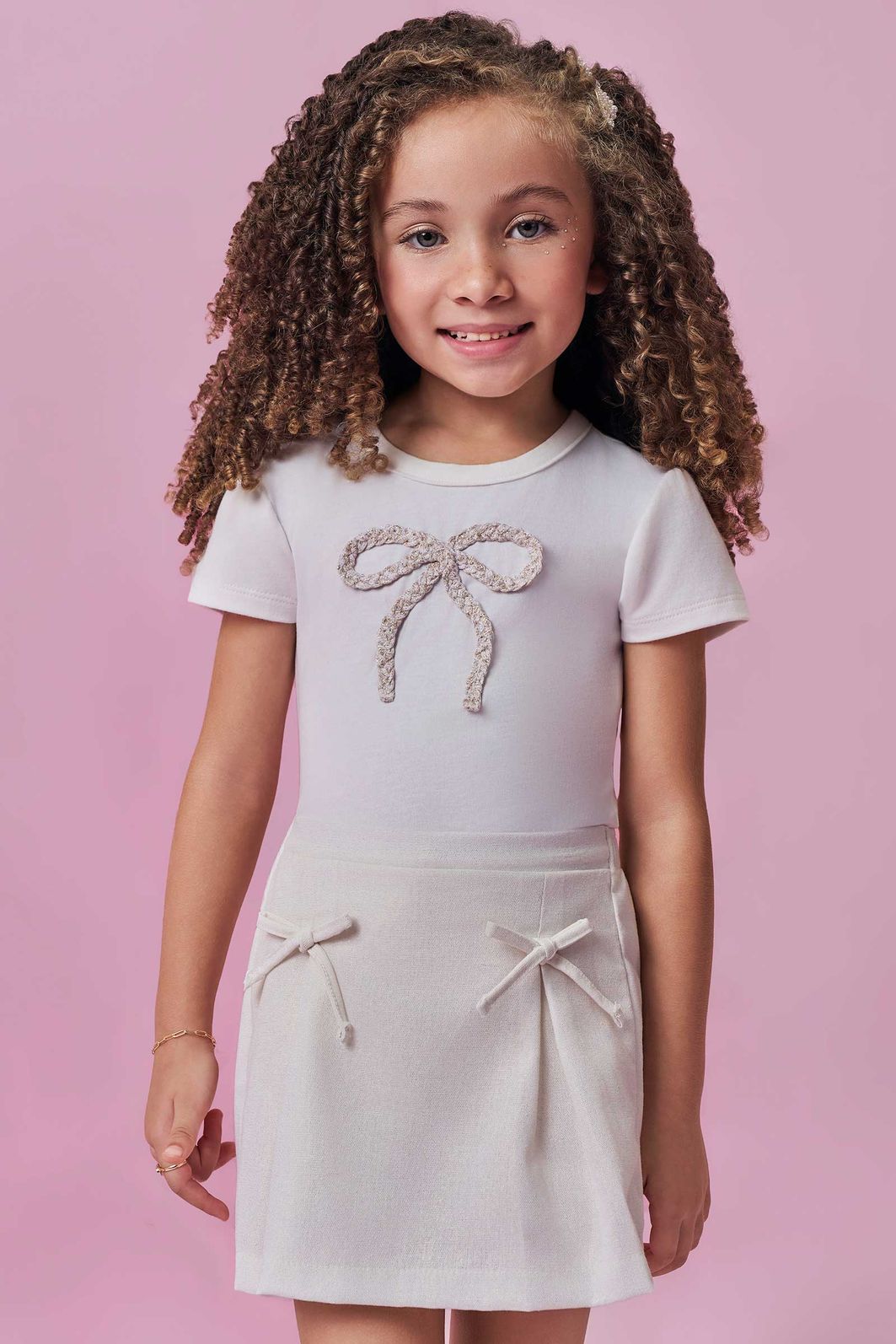 Conjunto de blusa em cotton e short saia em linho gold 98691 Kukiê Infantil Menina