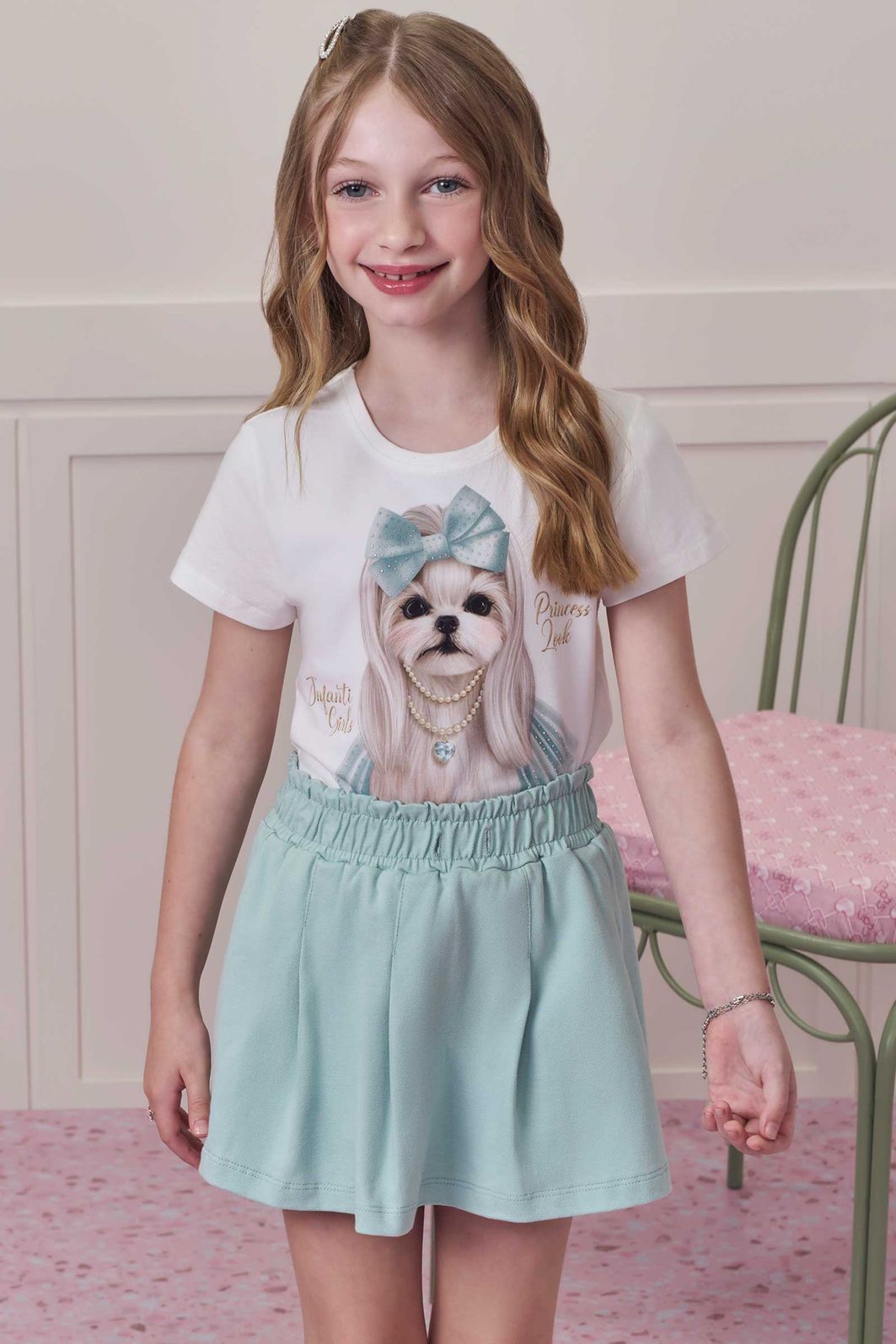 Conjunto de blusa em meia malha e short saia em piquet 99126 Infanti Infantil Menina