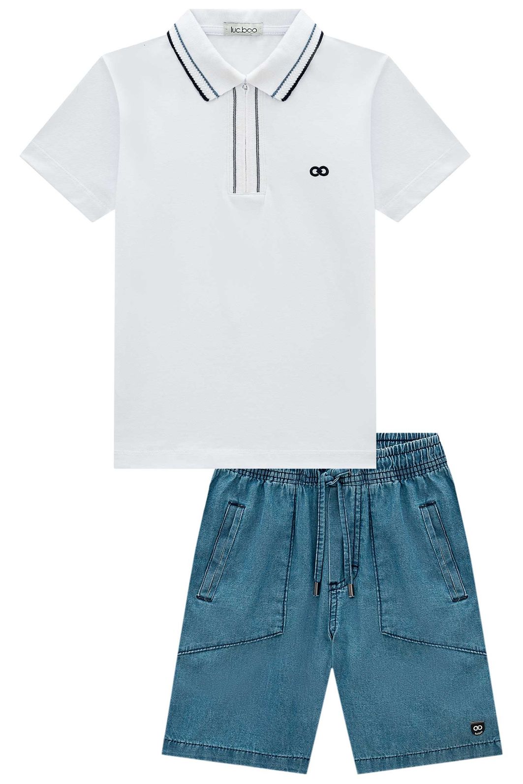 Conjunto de camisa polo em piquet com elastano e bermuda em jeans teca 99326 LucBoo Infantil Menino Conjunto de camisa polo em piquet com elastano e bermuda em jeans teca 99326 LucBoo Infantil Menino