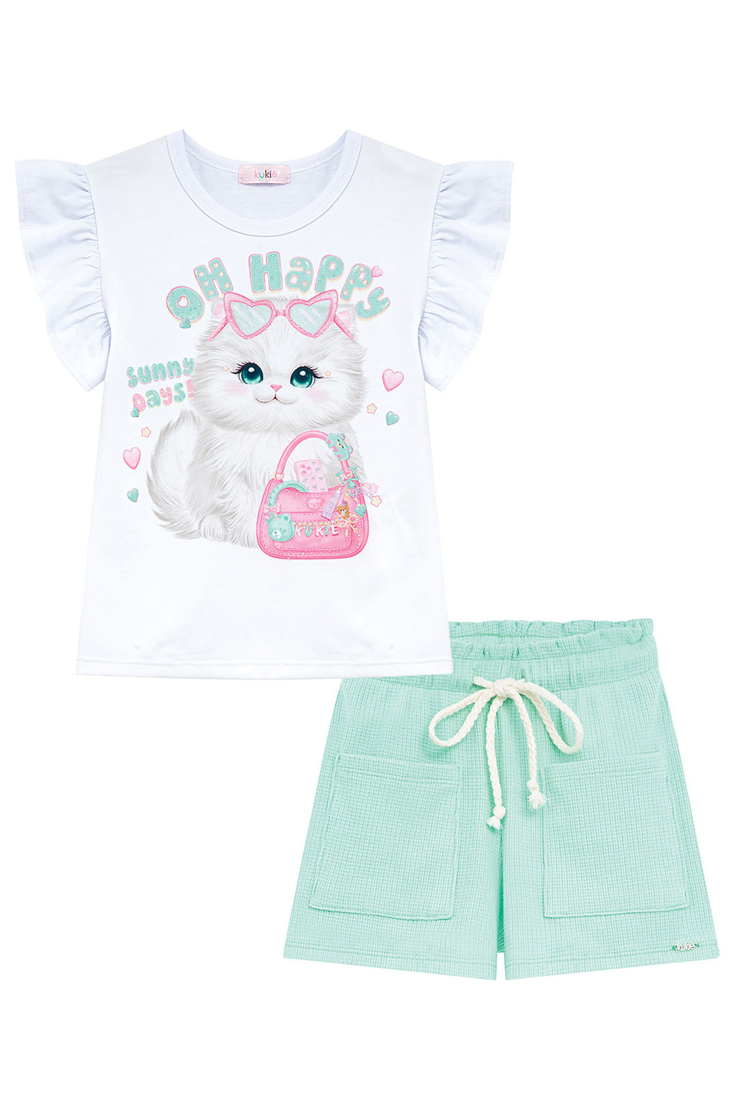 Conjunto de blusa em meia malha e shorts em malha waffle 95971 Kukiê Infantil Menina Conjunto de blusa em meia malha e shorts em malha waffle 95971 Kukiê Infantil Menina