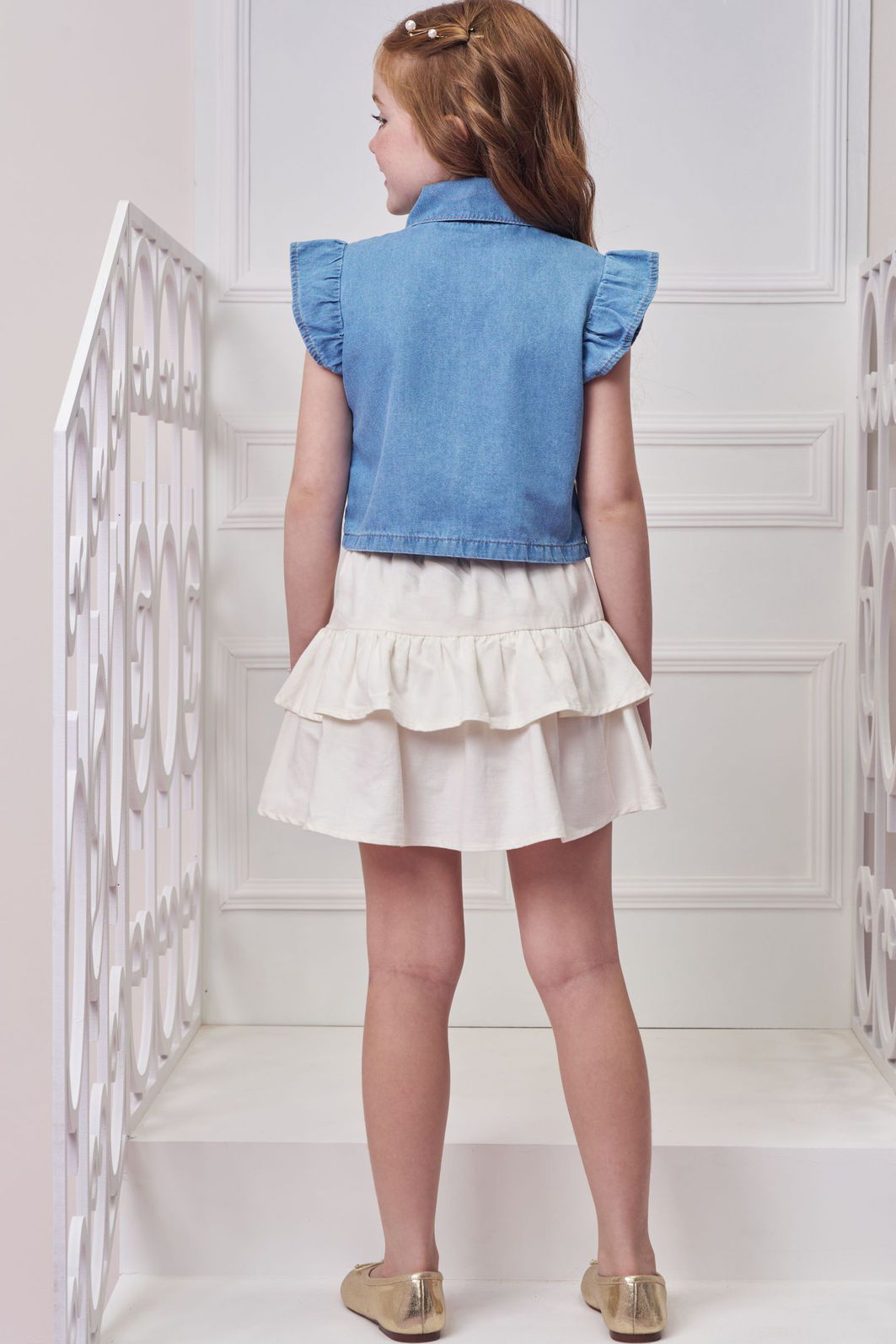 Conjunto de camisa em jeans e saia em sarja com elastano. Com short embutido 98868 Infanti Infantil Menina