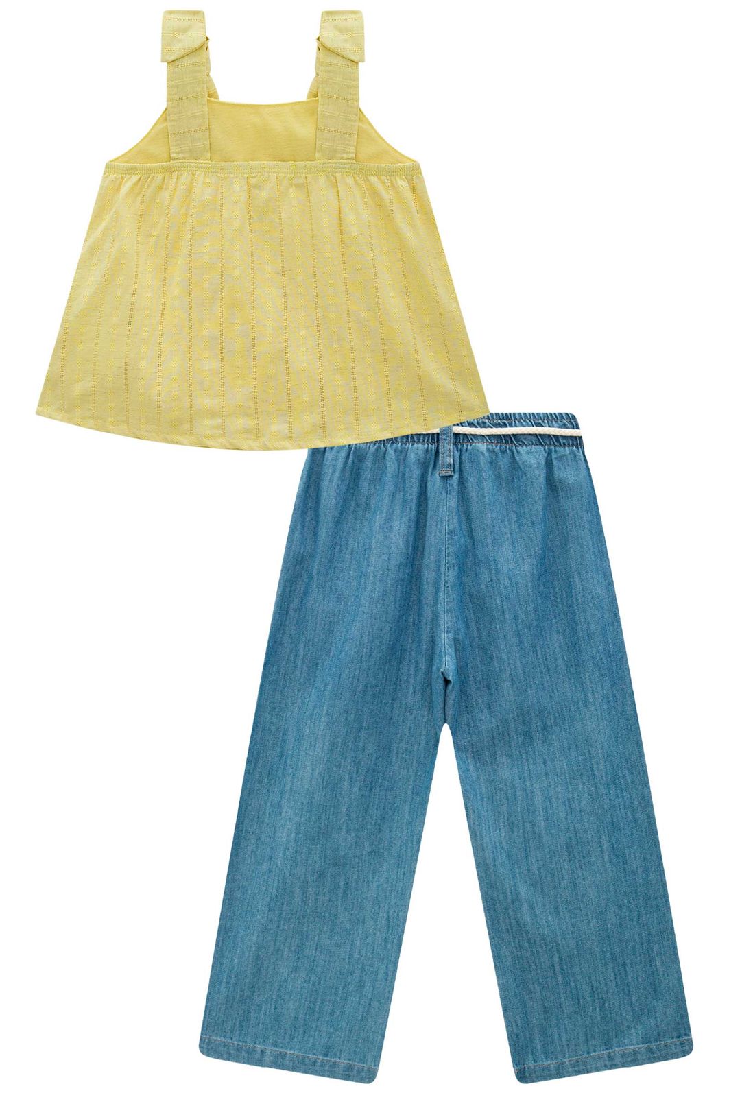 Conjunto de bata em blend de linho bordado com calça mariner em jeans 98883 Infanti Infantil Menina Conjunto de bata em blend de linho bordado com calça mariner em jeans 98883 Infanti Infantil Menina
