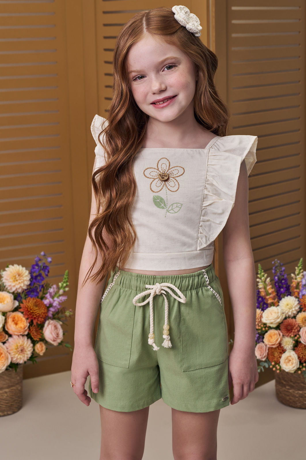 Conjunto de blusa em linho deluxe e shorts em linho com elastano 98552 Infanti Infantil Menina Conjunto de blusa em linho deluxe e shorts em linho com elastano 98552 Infanti Infantil Menina
