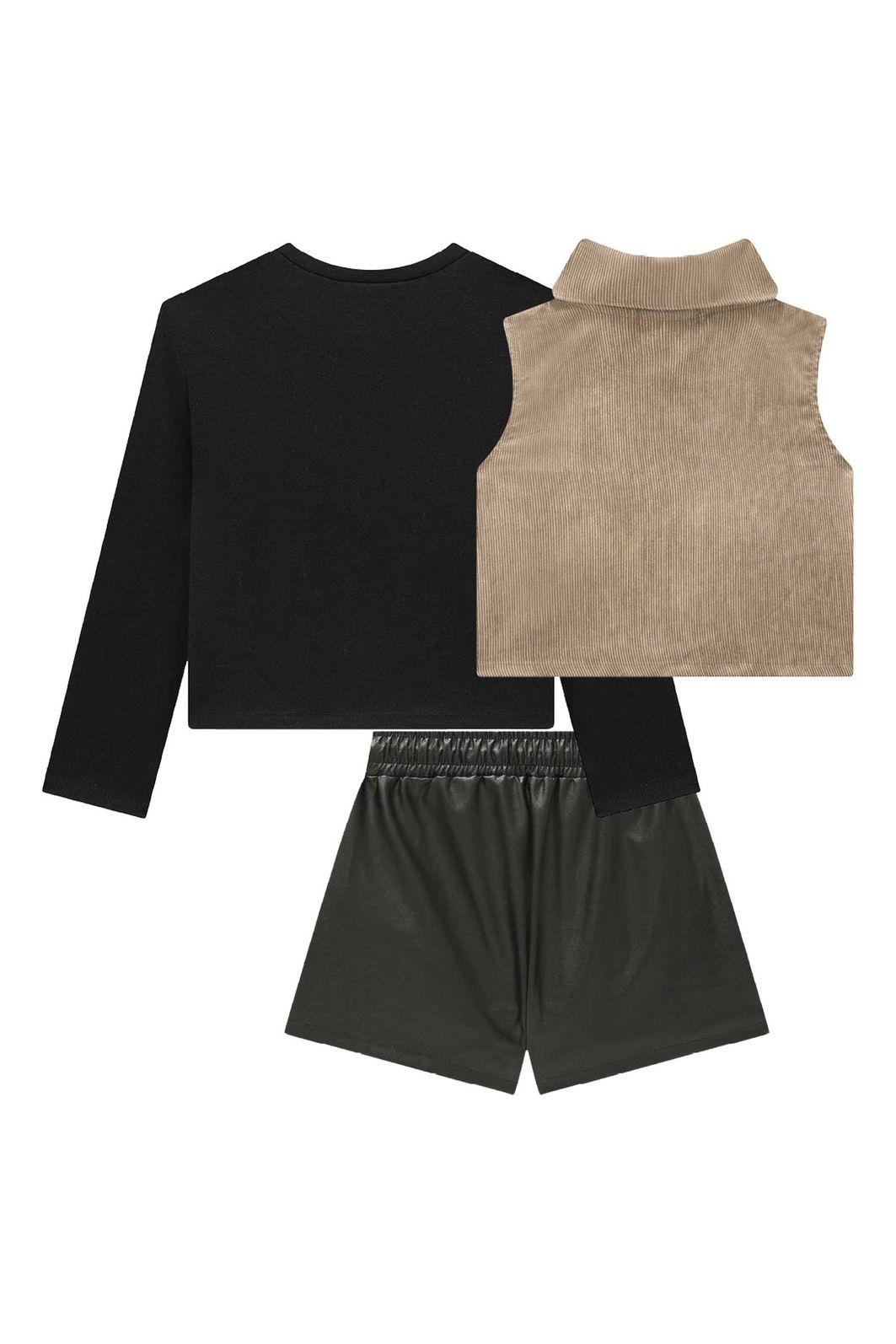 Trio de blusa boxy em ribana 1x1, shorts em couro sintético e colete em veludo cotelê gold 92014 Vic Teen Menina Trio de blusa boxy em ribana 1x1, shorts em couro sintético e colete em veludo cotelê gold 92014 Vic Teen Menina