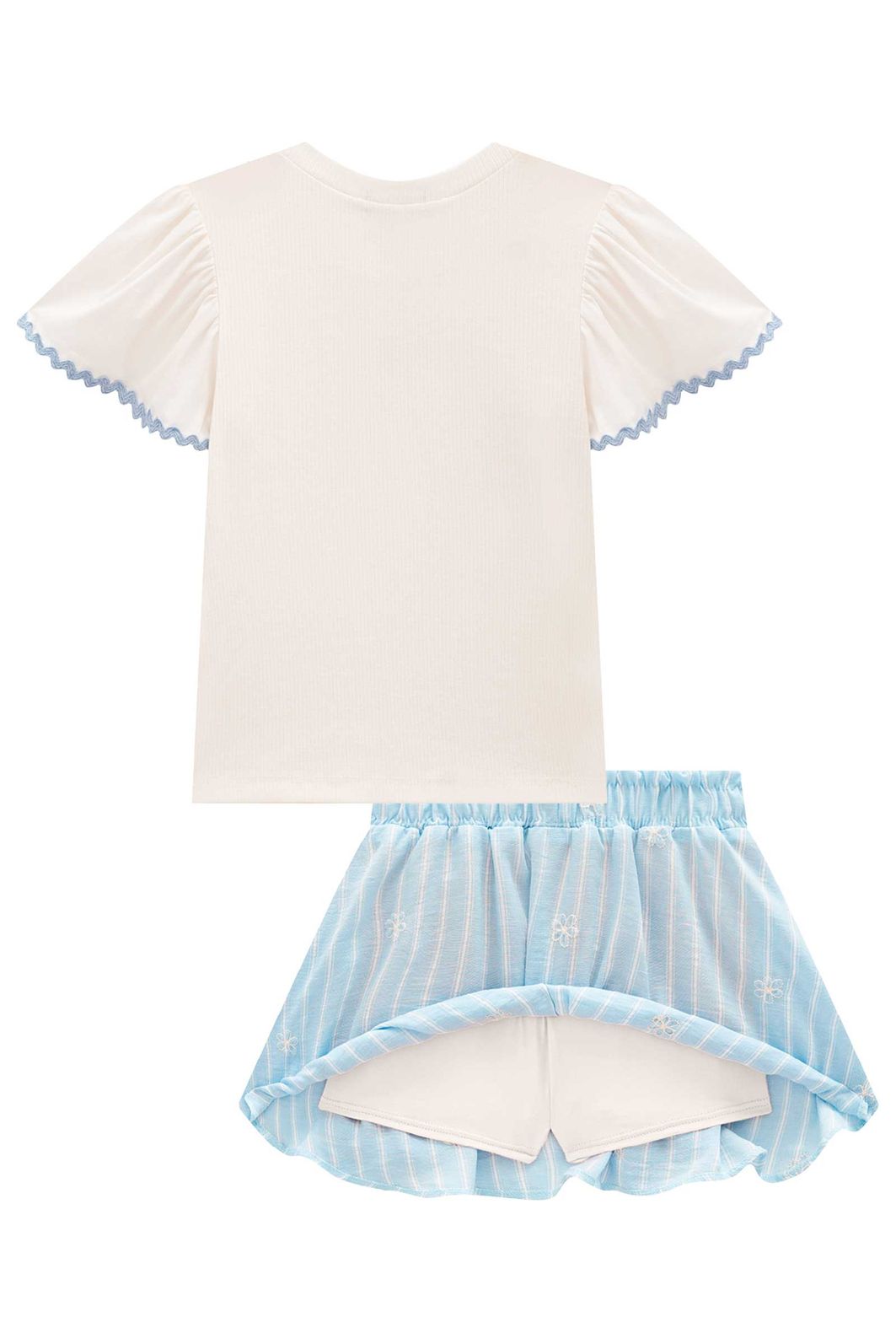 Conjunto de blusa em canelado e tricoline e saia em tecido listrado. Com shorts embutido 98361 Infanti Infantil Menina Conjunto de blusa em canelado e tricoline e saia em tecido listrado. Com shorts embutido 98361 Infanti Infantil Menina