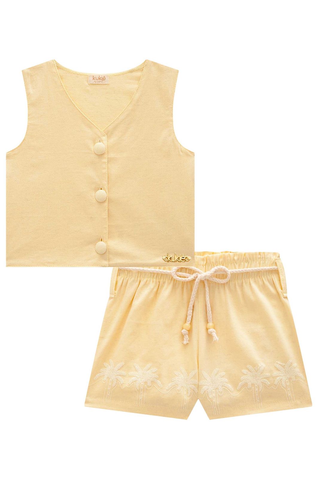 Conjunto de colete e shorts em viscolinho sarjado 98284 Kukiê Infantil Menina