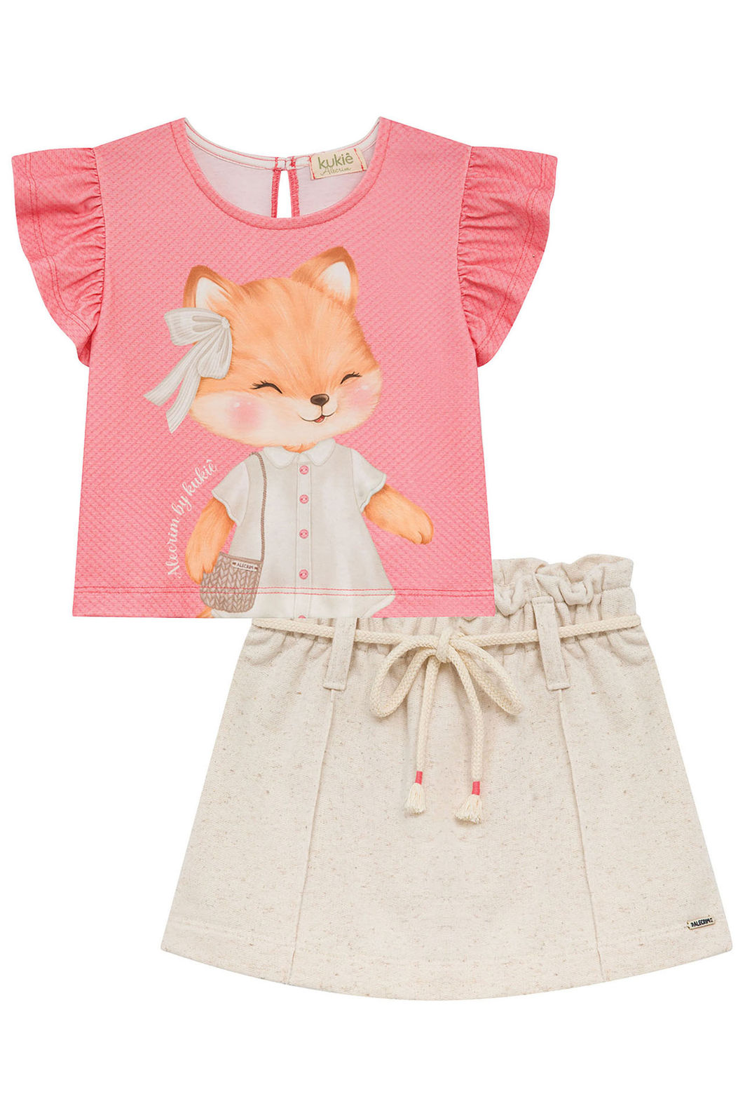 Conjunto de blusa em malha fresh e short saia em moletom sem pelúcia 94783 Kukiê Infantil Menina