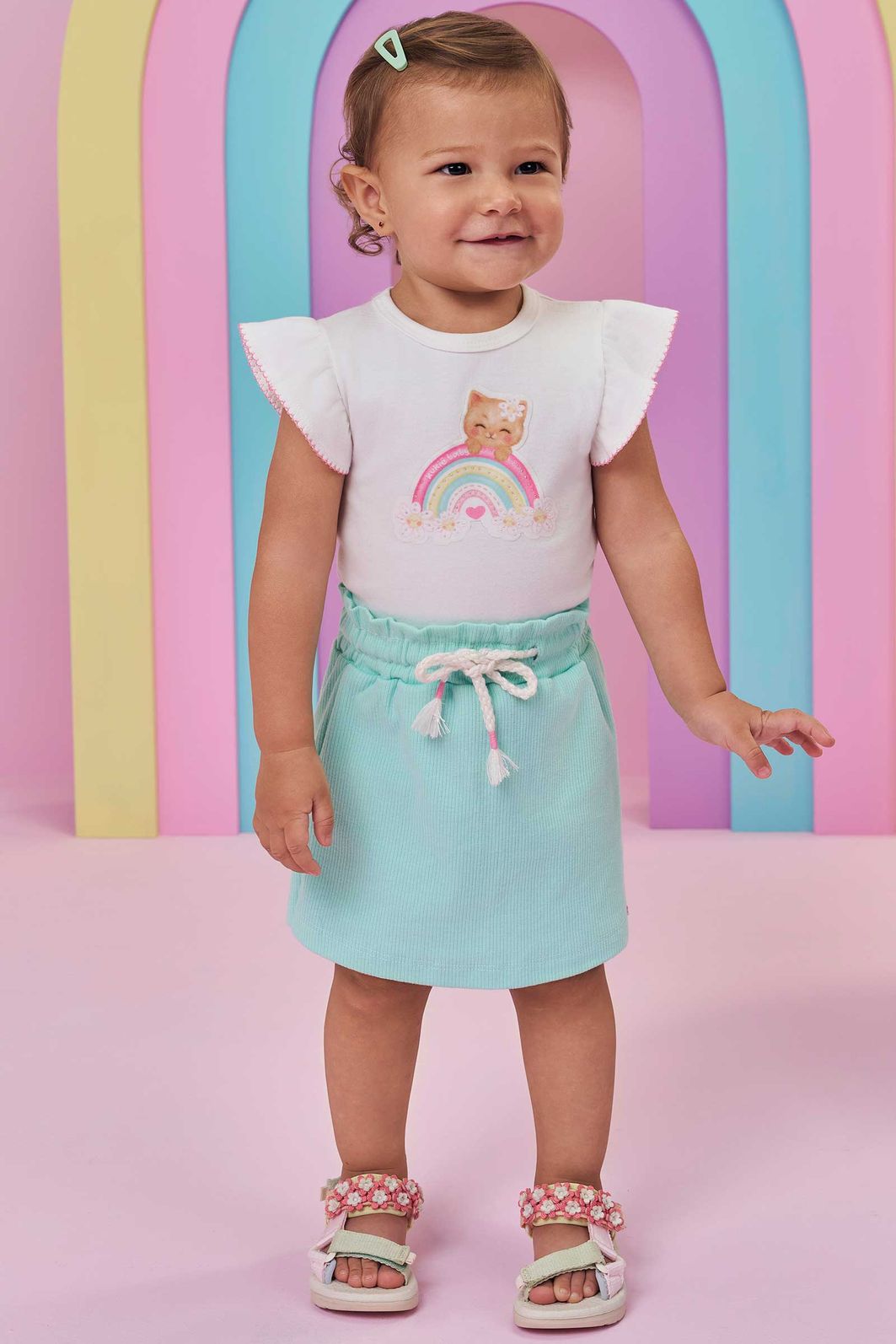 Conjunto de body em suedine e short saia em canelado 98040 Kukiê Bebê Menina Conjunto de body em suedine e short saia em canelado 98040 Kukiê Bebê Menina