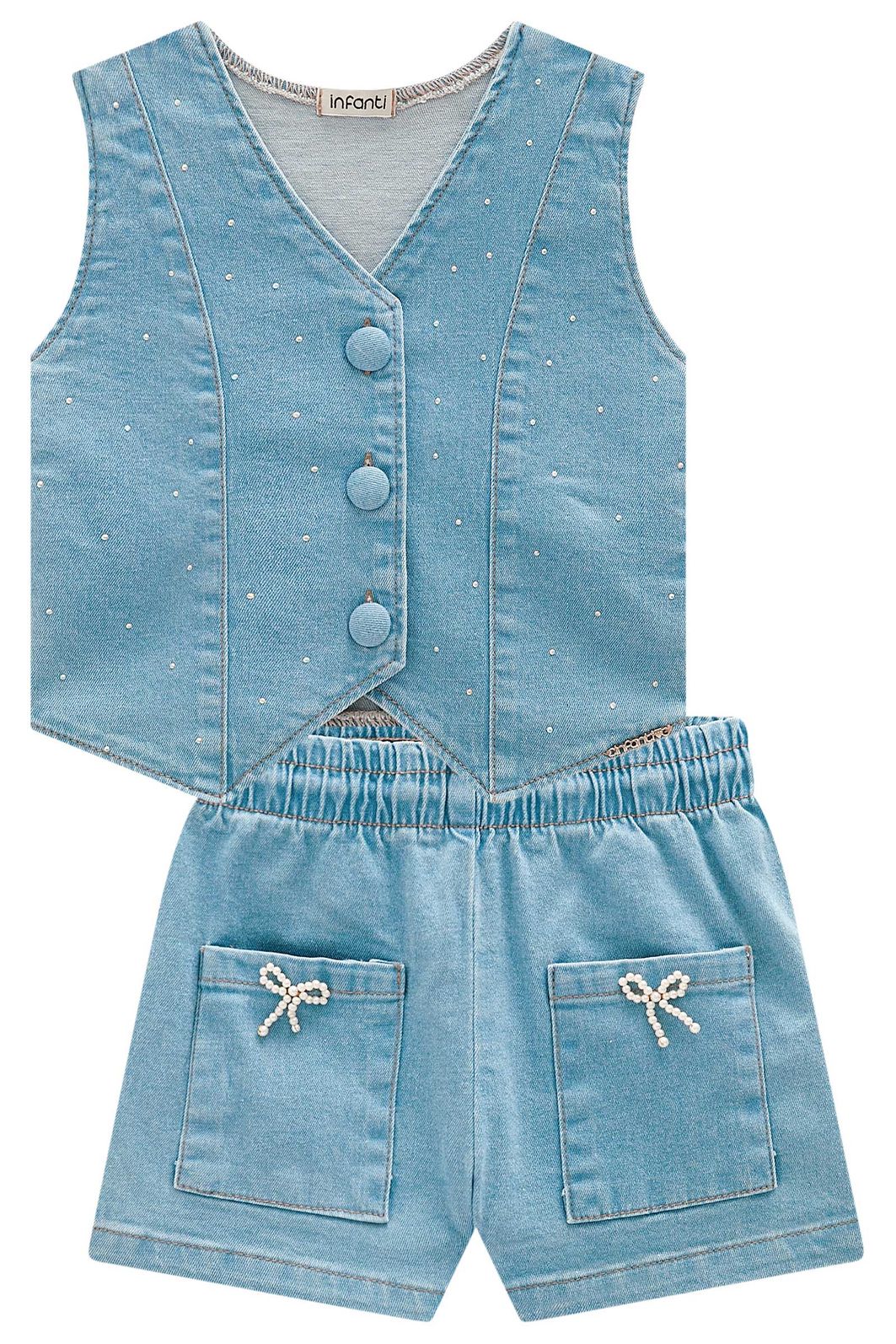 Conjunto de colete e shorts em jeans com elastano 93234 Infanti Infantil Menina Conjunto de colete e shorts em jeans com elastano 93234 Infanti Infantil Menina