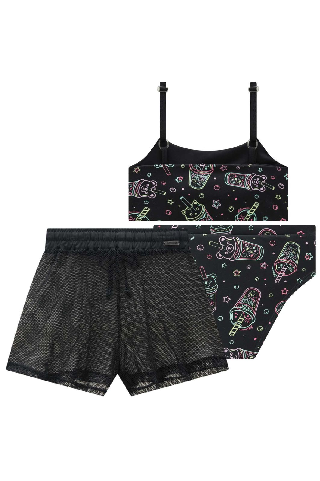Trio de biquíni em malha UV dry com proteção UV 50+ e shorts em tela glamour 99537 Lilimoon Teen Menina