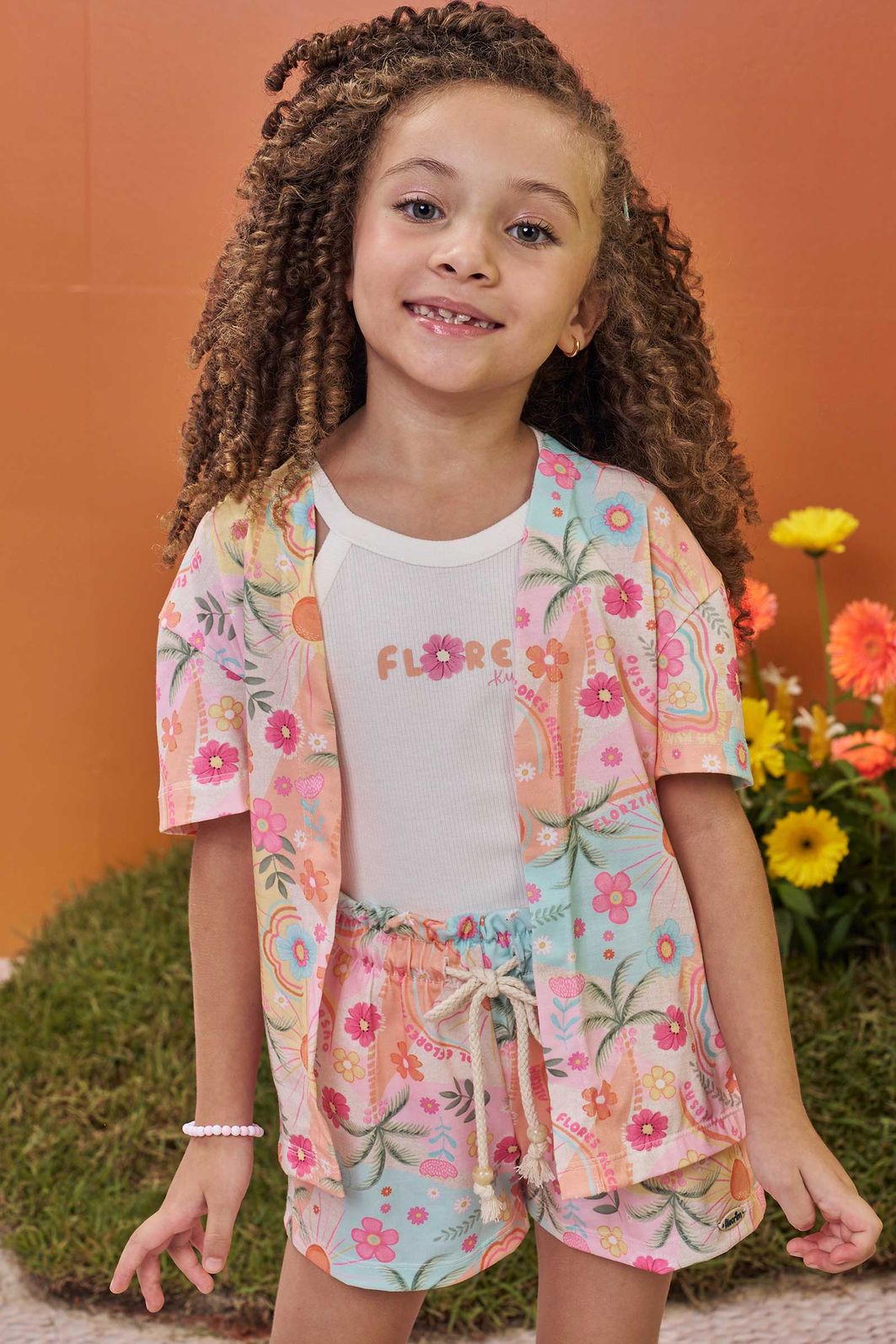 Trio de regata em canelado e shorts e kimono em malha fresh 99714 Kukiê Infantil Menina Trio de regata em canelado e shorts e kimono em malha fresh 99714 Kukiê Infantil Menina
