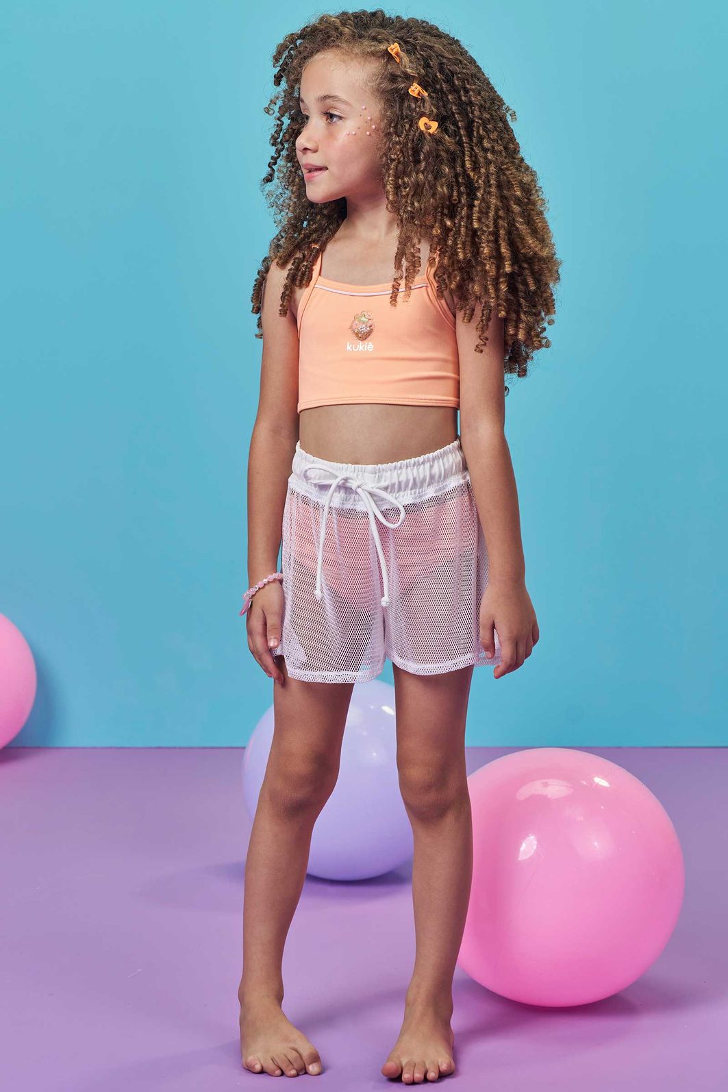Trio de biquíni em malha com proteção UV50+ e short saída de praia em tela fashion 99117 Kukiê Infantil Menina Trio de biquíni em malha com proteção UV50+ e short saída de praia em tela fashion 99117 Kukiê Infantil Menina
