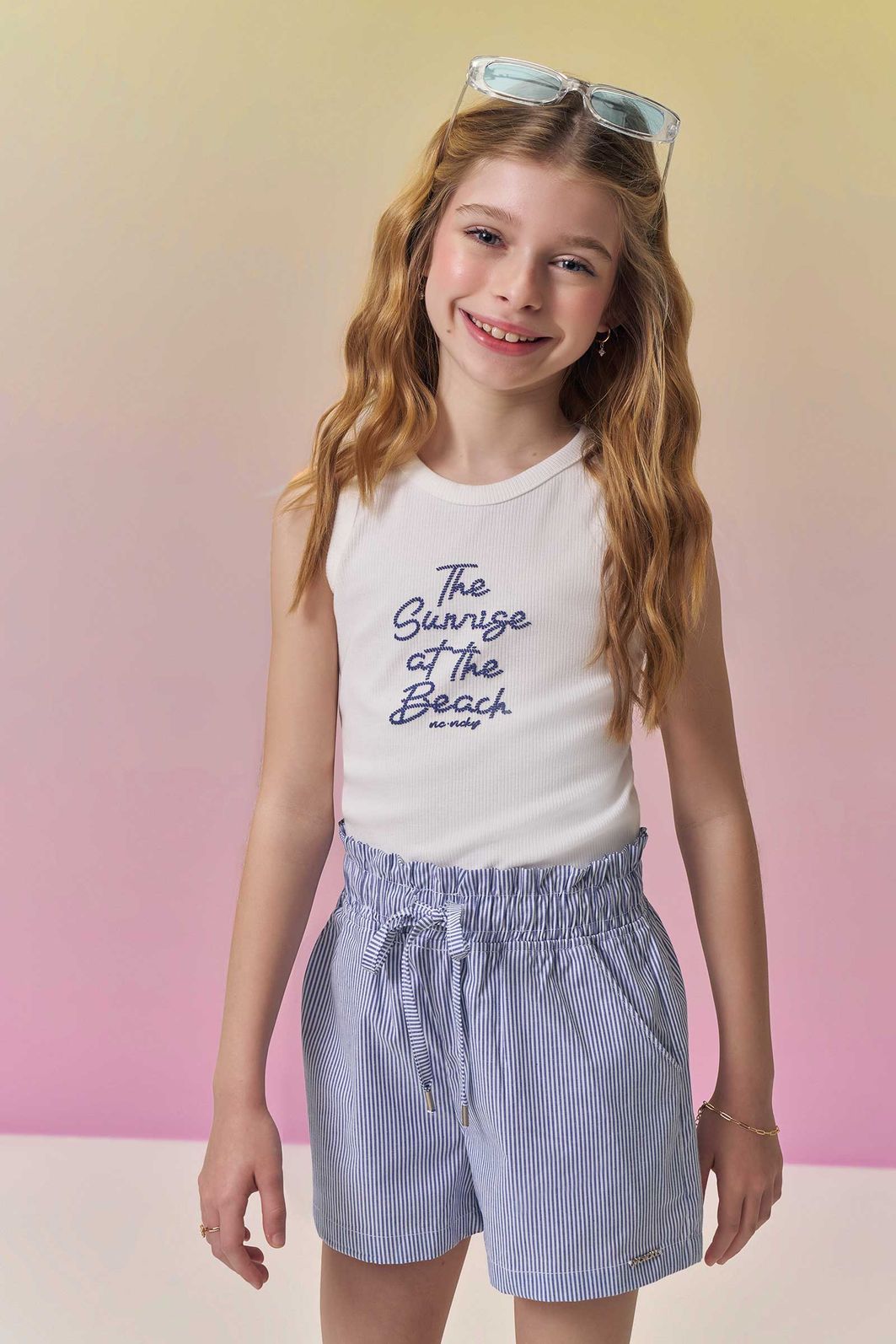 Conjunto de regata em canelado liz e shorts em tricoline com elastano 96871 Vic Teen Menina