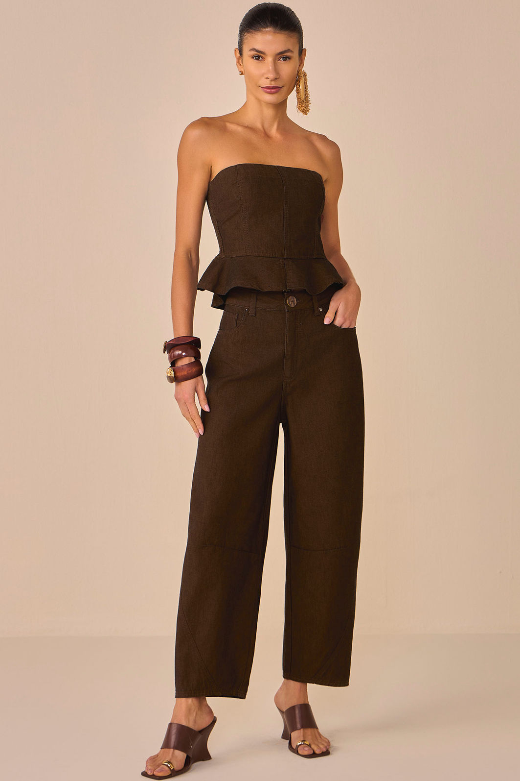 Calça balloon em denim premium brown 95275 Linzzi Calça balloon em denim premium brown 95275 Linzzi
