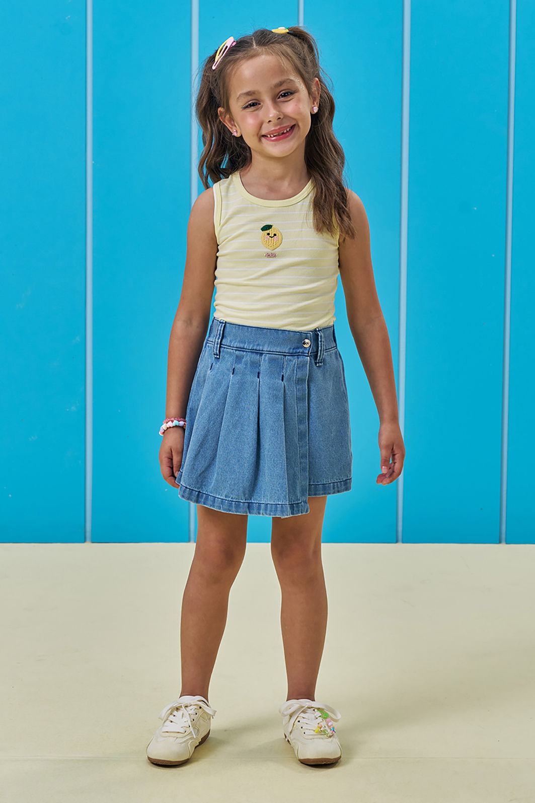 Conjunto de regata em cotton fio tinto e short saia em jeans 95346 Kukiê Infantil Menina Conjunto de regata em cotton fio tinto e short saia em jeans 95346 Kukiê Infantil Menina