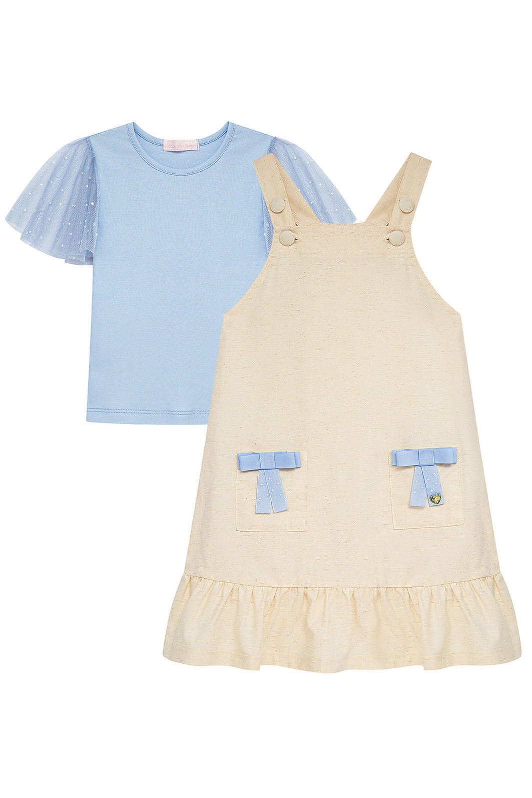 Conjunto de blusa em suedine e tule com elastano e salopete em linho santori com elastano. 96878 Kukiê Infantil Menina Conjunto de blusa em suedine e tule com elastano e salopete em linho santori com elastano. 96878 Kukiê Infantil Menina