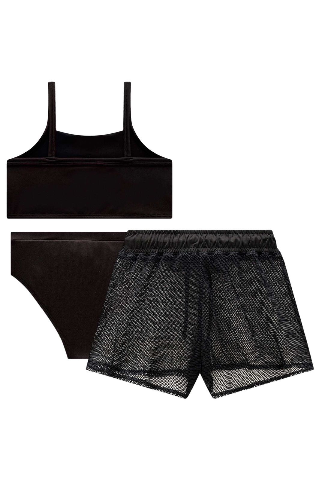 Trio de biquíni em malha com proteção UV50+ e short saída de praia em tela fashion 99127 Kukiê Infantil Menina Trio de biquíni em malha com proteção UV50+ e short saída de praia em tela fashion 99127 Kukiê Infantil Menina
