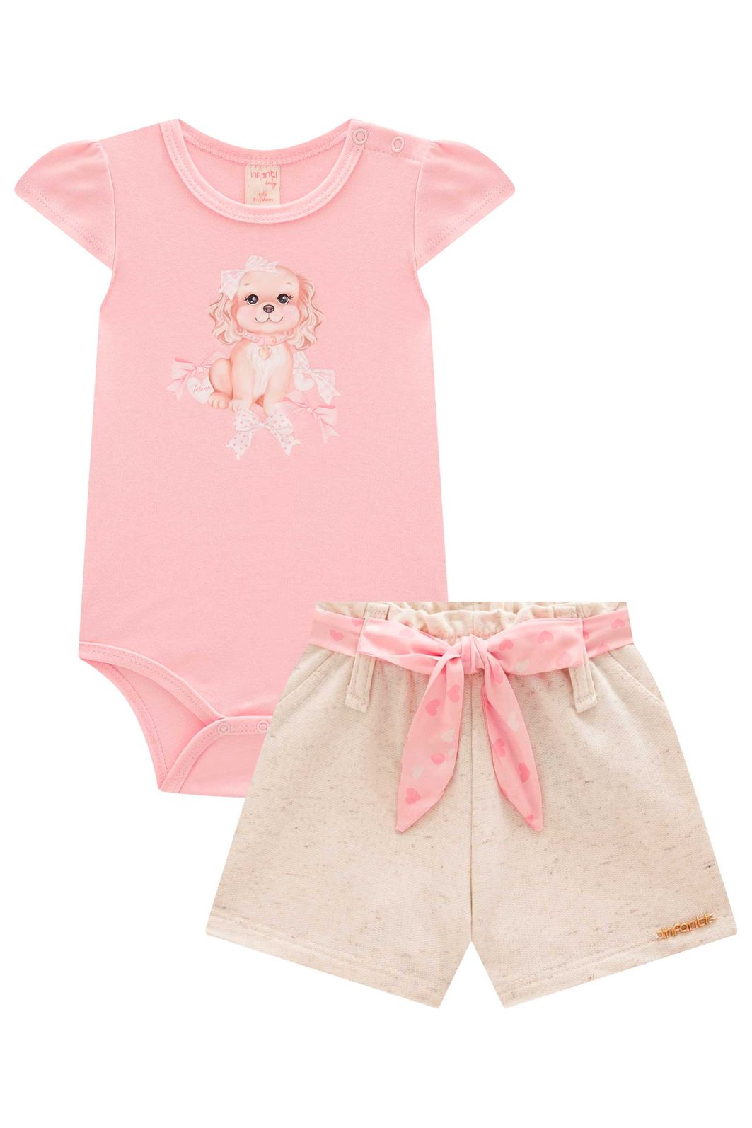 Conjunto de body em suedine com shorts em moletom sem pelúcia 99187 Infanti Bebê Menina Conjunto de body em suedine com shorts em moletom sem pelúcia 99187 Infanti Bebê Menina