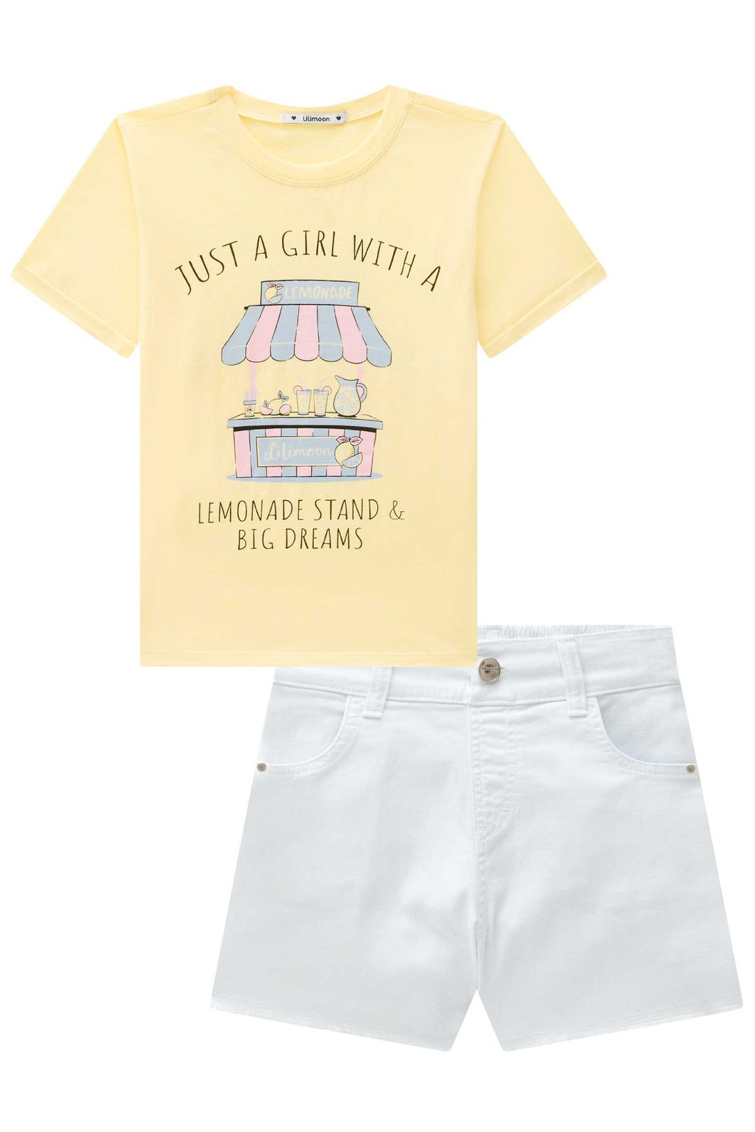 Conjunto de camiseta comfy em meia malha e shorts em sarja com elastano 96310 Lilimoon Teen Menina