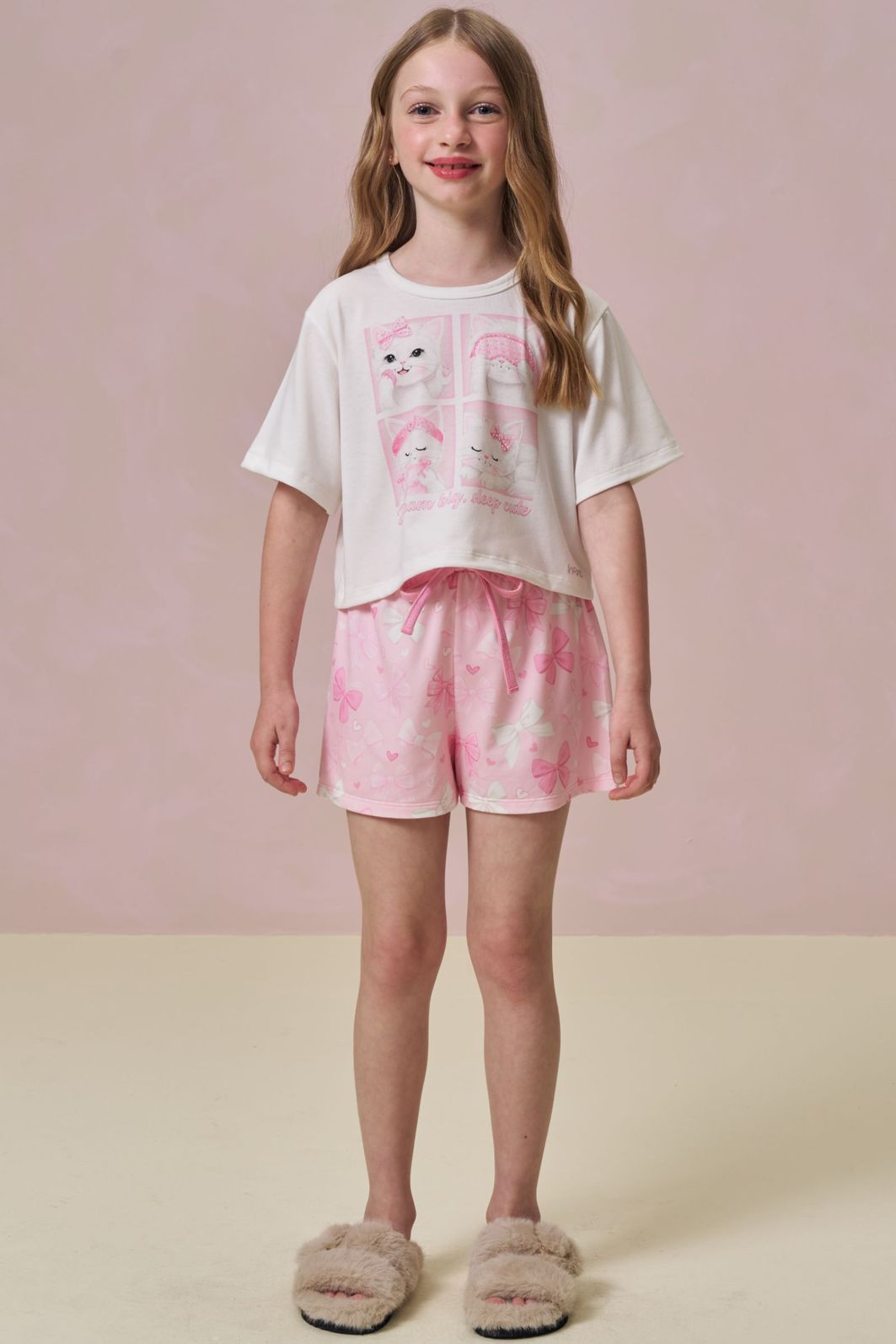 Conjunto de pijama de blusa em malha fresh com shorts em malha comfy 96036 Infanti Infantil Menina